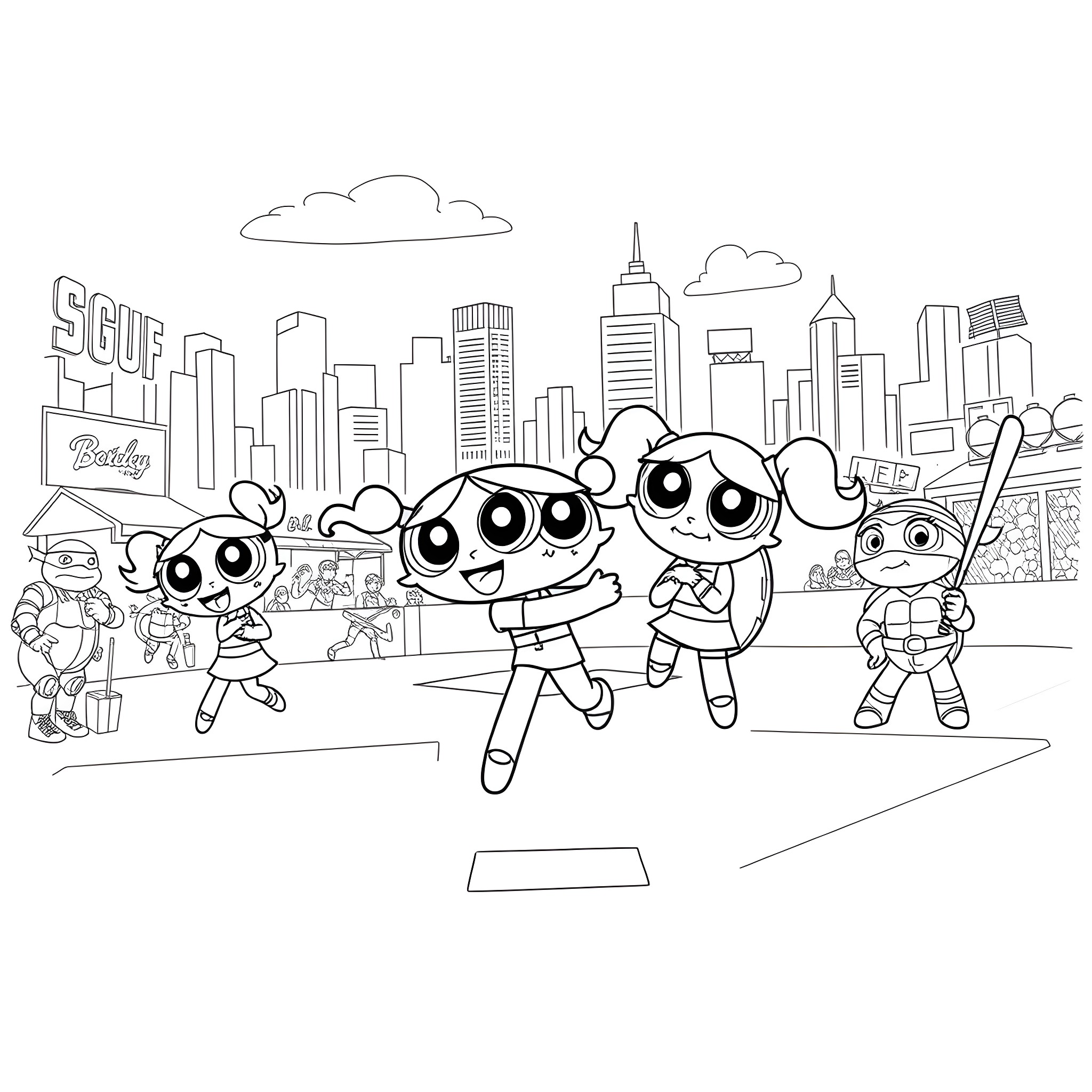 Powerpuff Girls adventuring in the city Coloring Page (free black-and-white line drawing printable PDF for all, from beginners to advanced learners, including children, teens, adults, and seniors)