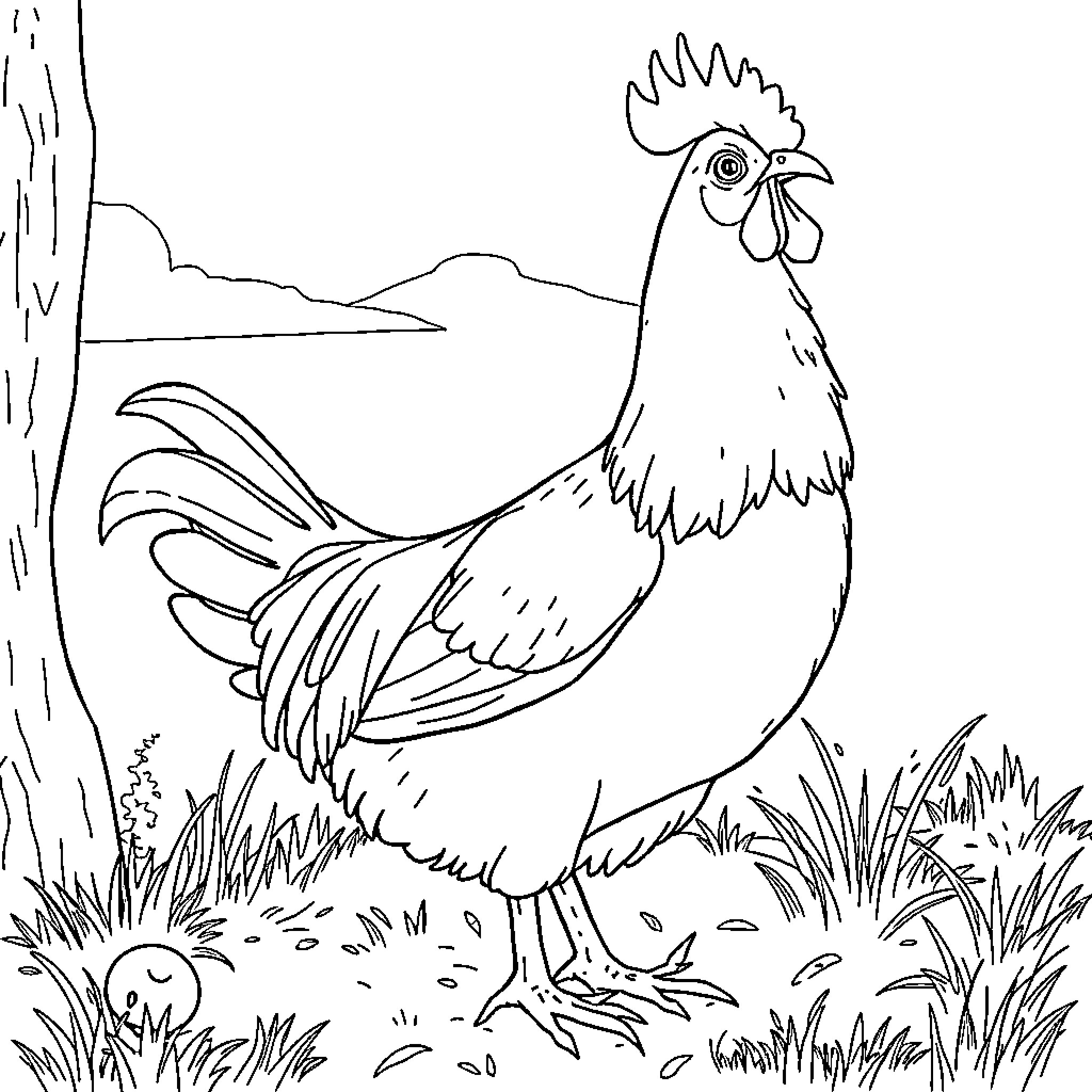 Gallina in a pastoral scene Coloring Page (free black-and-white line drawing printable PDF for all, from beginners to advanced learners, including children, teens, adults, and seniors)