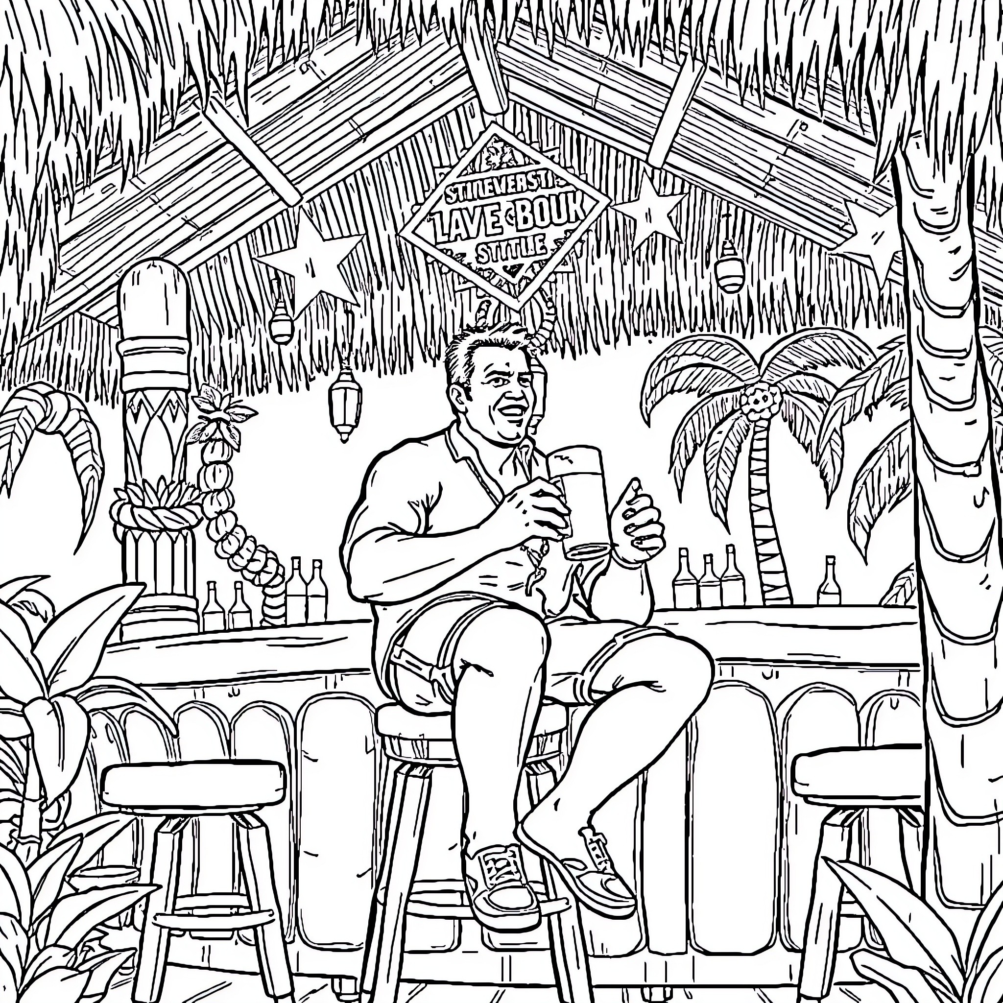Stone Cold Steve Austin Enjoying a Drink at a Tropical Beach Bar Coloring Page (free black-and-white line drawing printable PDF for all, from beginners to advanced learners, including children, teens, adults, and seniors)