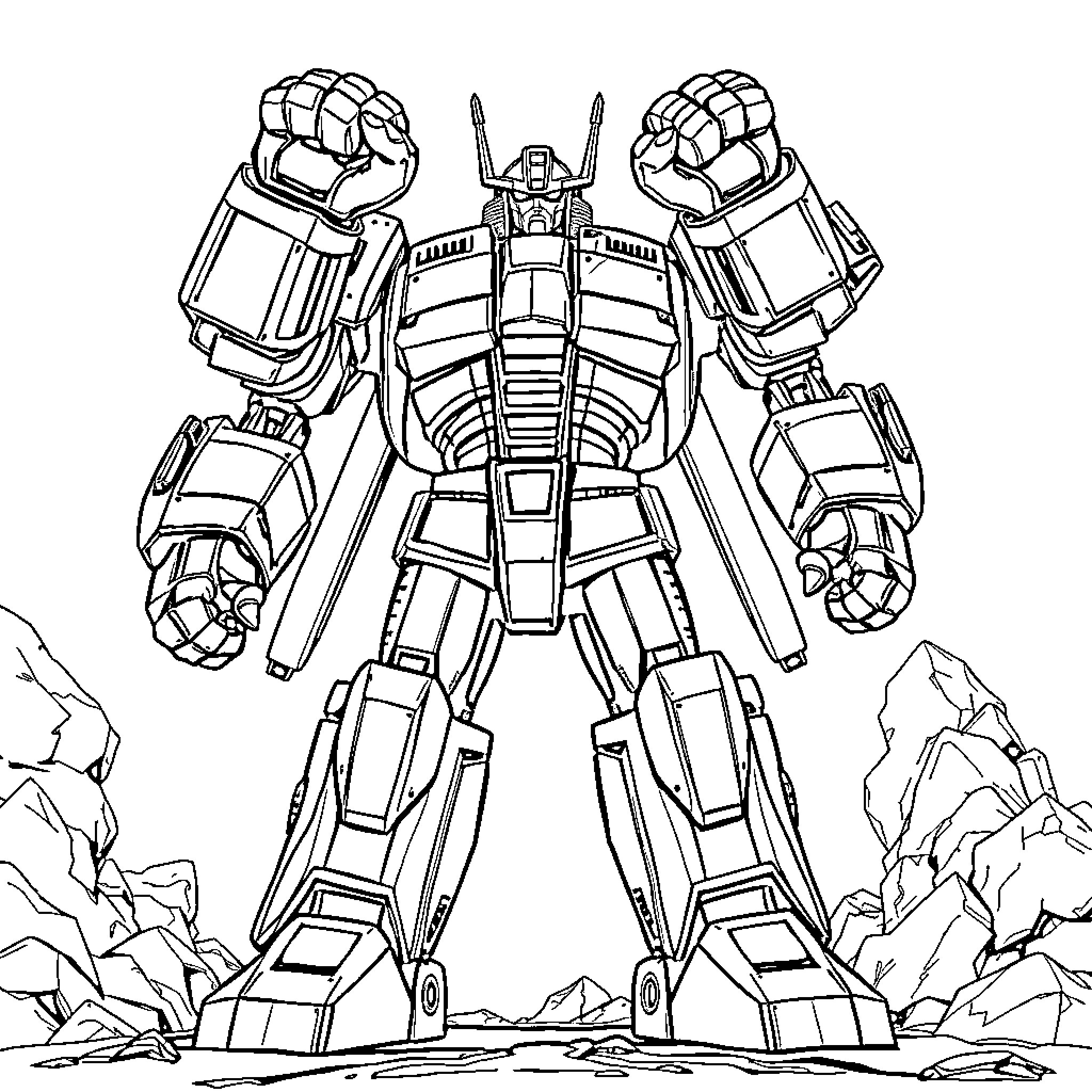 Goldorak giant robot in action battle pose Coloring Page (free black-and-white line drawing printable PDF for all, from beginners to advanced learners, including children, teens, adults, and seniors)