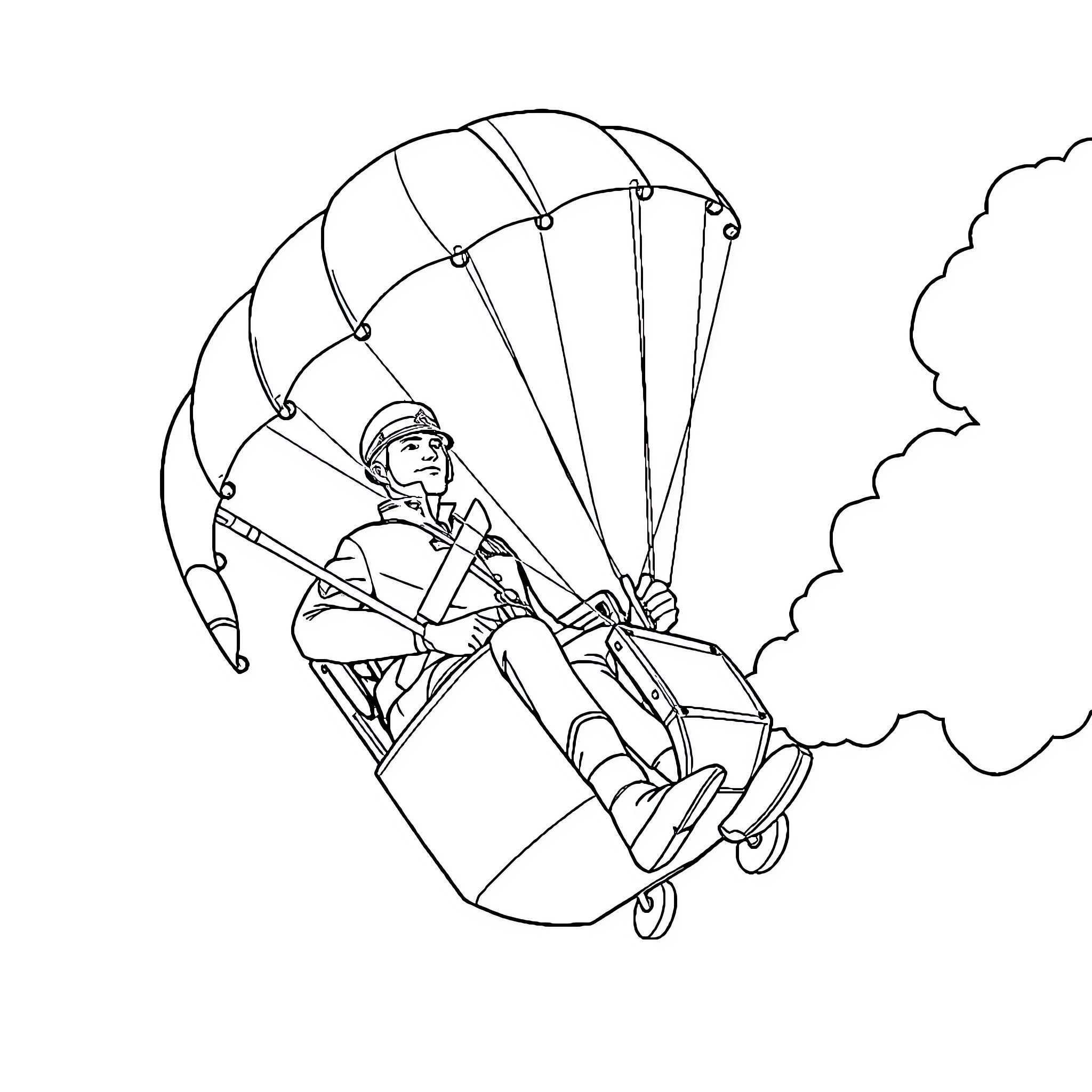 Gendarme parachuting in the sky Coloring Page (free black-and-white line drawing printable PDF for all, from beginners to advanced learners, including children, teens, adults, and seniors)
