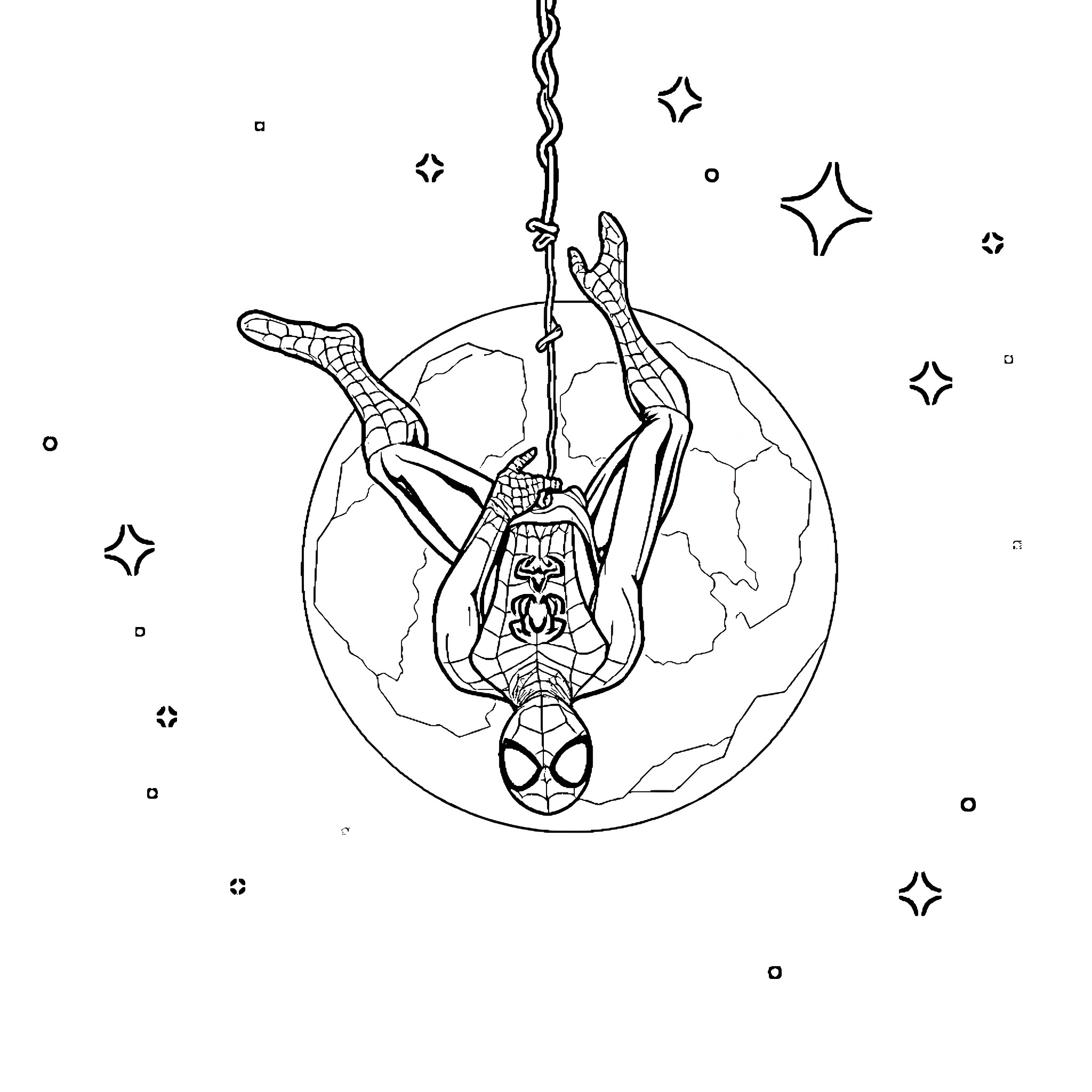 Spiderman climbing through the cosmos Coloring Page (free black-and-white line drawing printable PDF for all, from beginners to advanced learners, including children, teens, adults, and seniors)