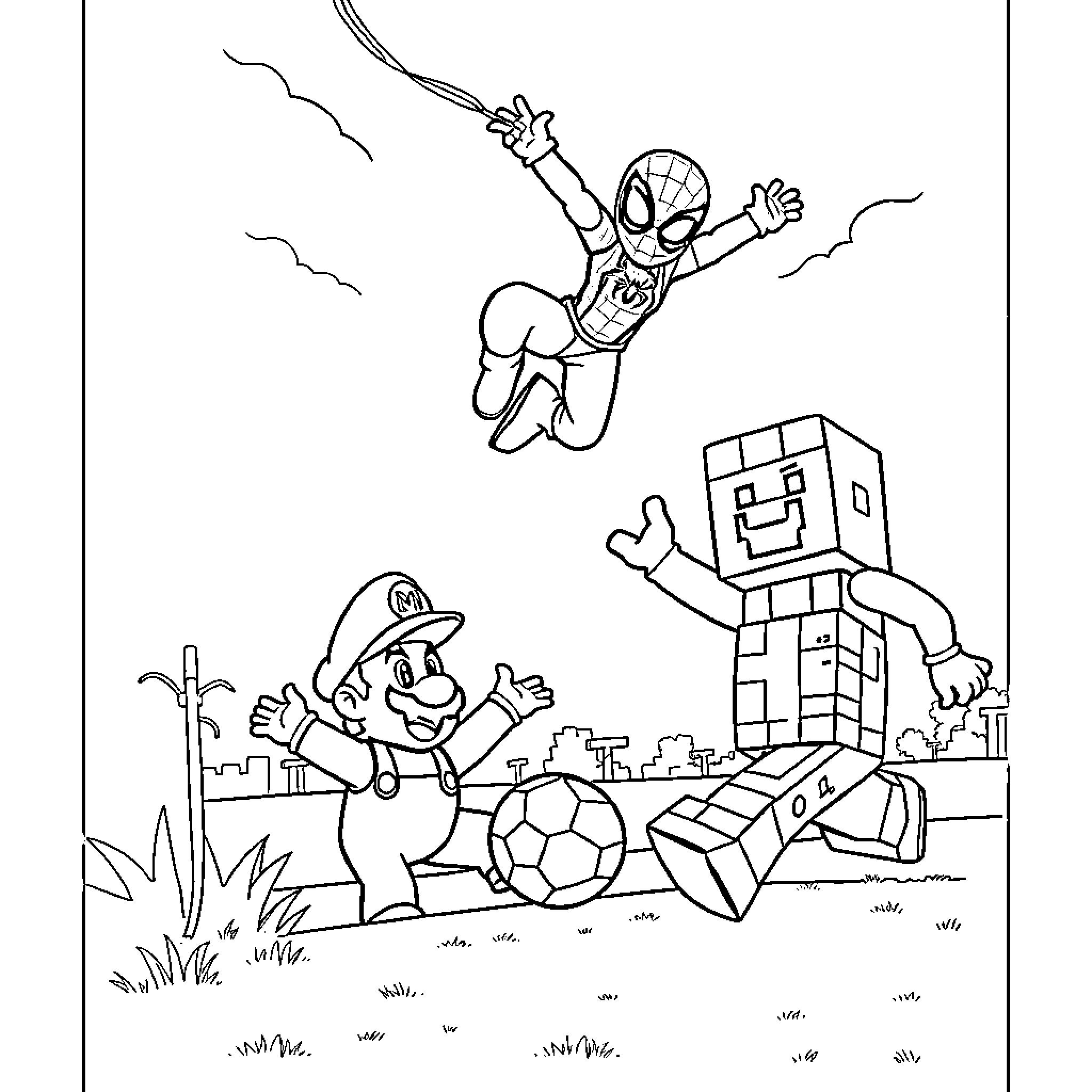 Spider-Man swinging high above Mario playing soccer Coloring Page (free black-and-white line drawing printable PDF for all, from beginners to advanced learners, including children, teens, adults, and seniors)
