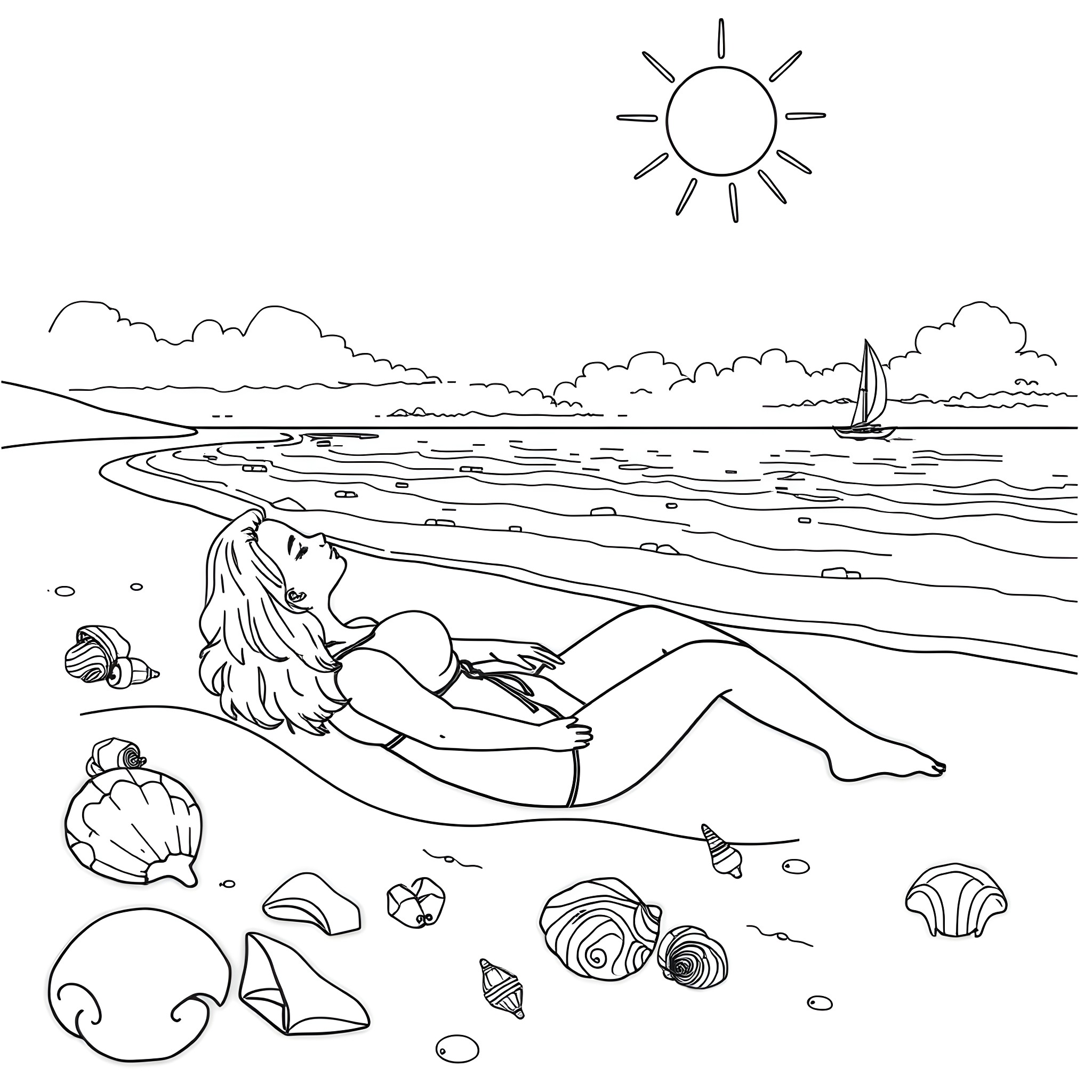 Sydney Sweeney lounging on the beach Coloring Page (free black-and-white line drawing printable PDF for all, from beginners to advanced learners, including children, teens, adults, and seniors)