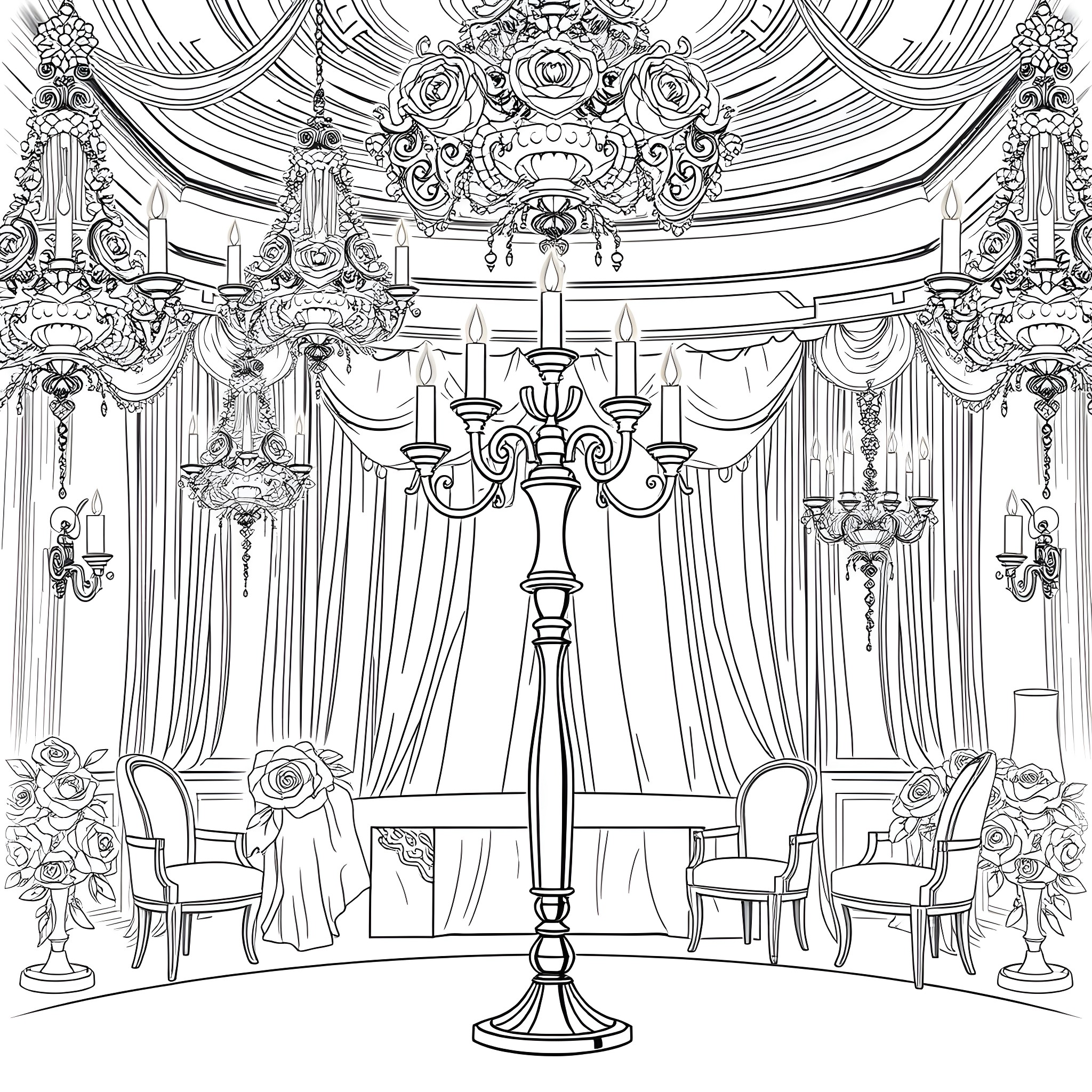 Lumiere - Elegant Ballroom with Luxurious Chandelier Coloring Page (free black-and-white line drawing printable PDF for all, from beginners to advanced learners, including children, teens, adults, and seniors)