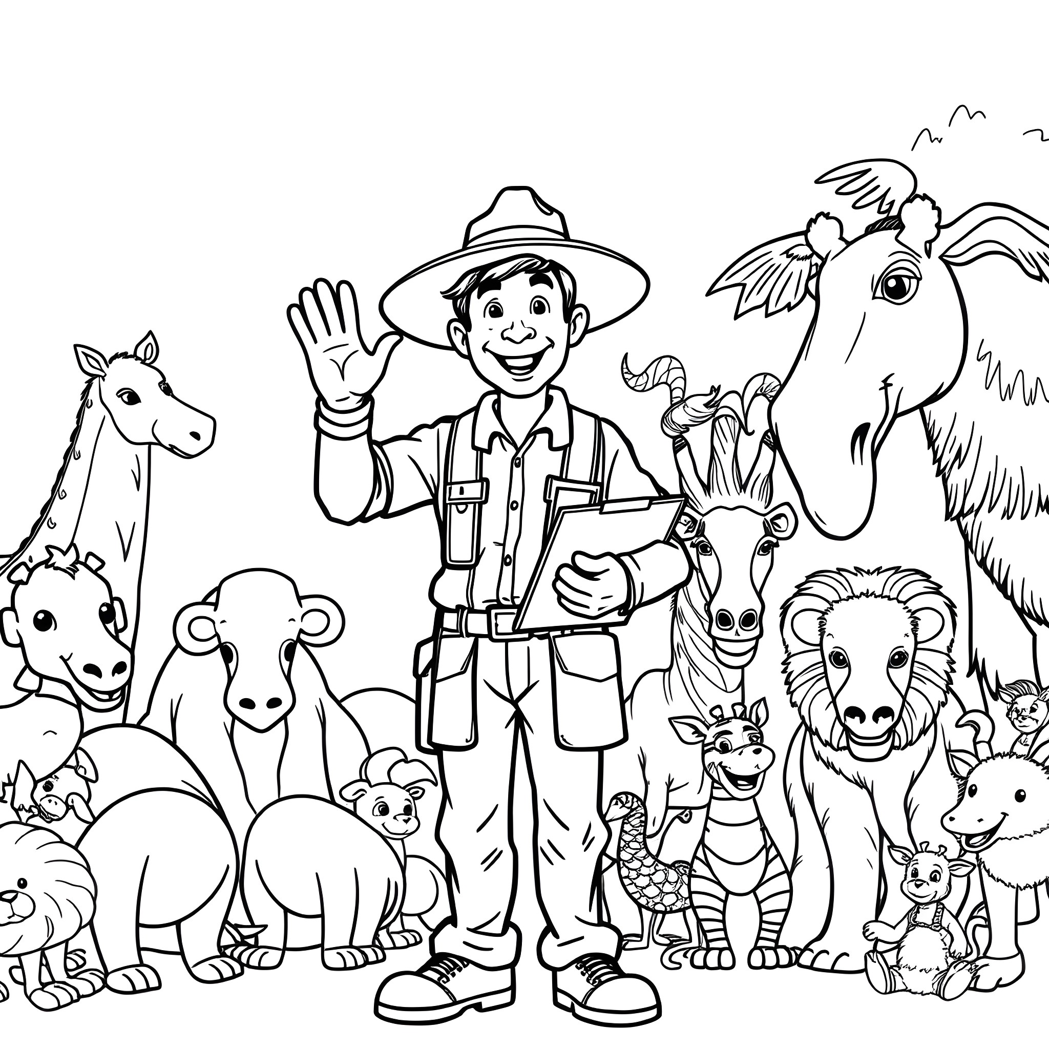 Zookeeper surrounded by happy animals in the zoo Coloring Page (free black-and-white line drawing printable PDF for all, from beginners to advanced learners, including children, teens, adults, and seniors)