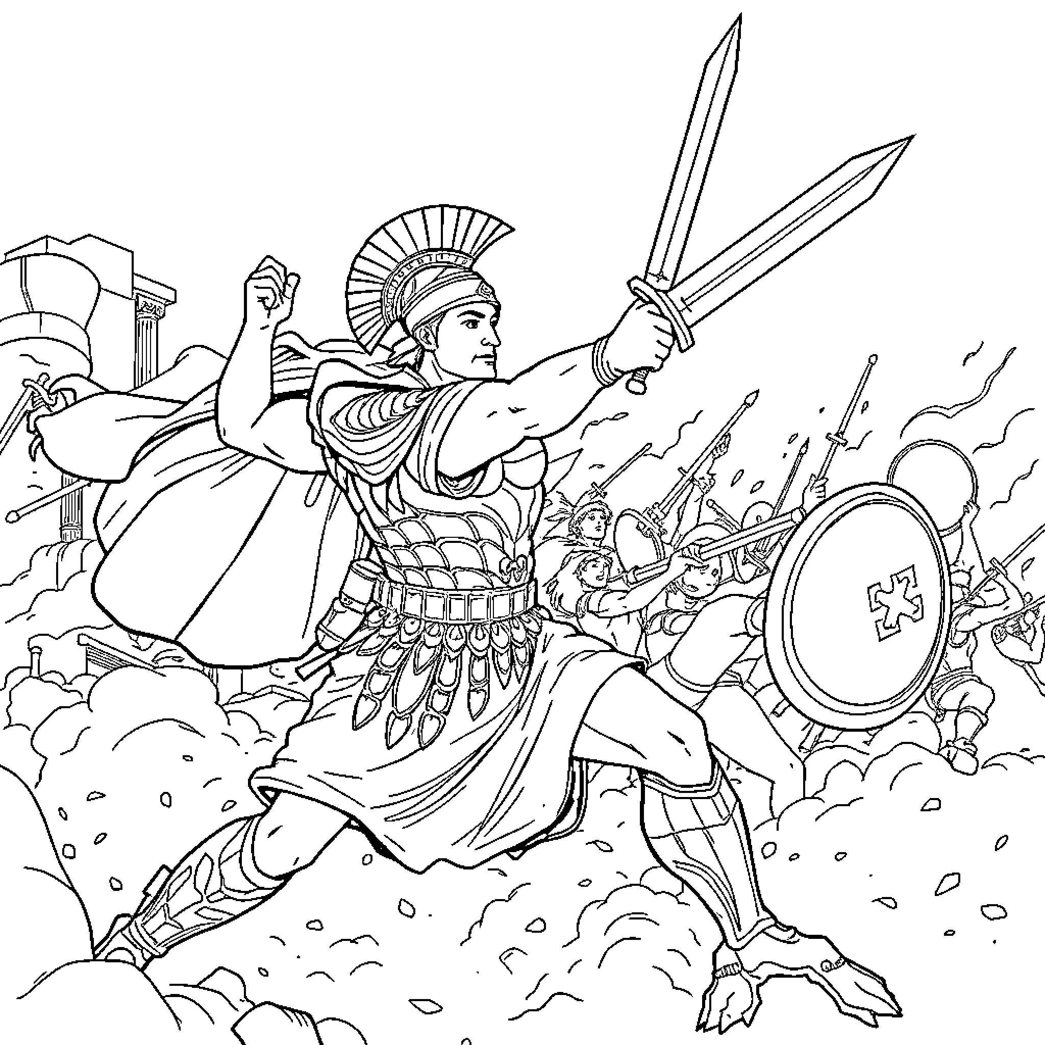Achilles leading the charge into battle Coloring Page (free black-and-white line drawing printable PDF for all, from beginners to advanced learners, including children, teens, adults, and seniors)