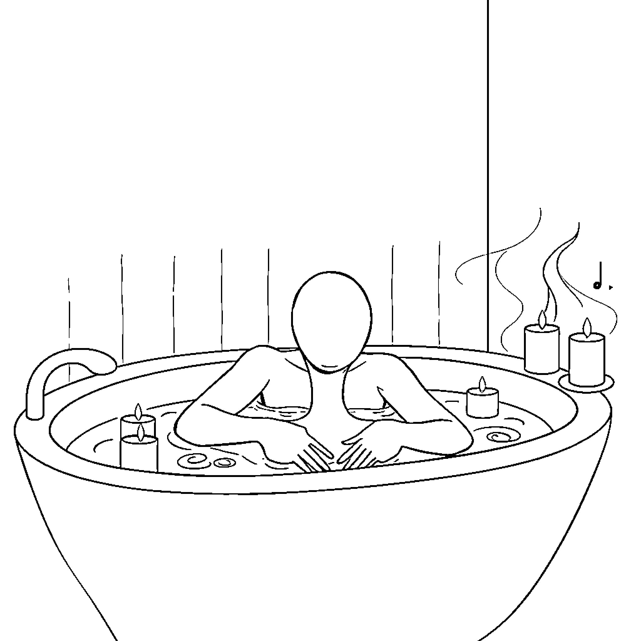 Self Care Relaxation in Warm Bath Coloring Page (free black-and-white line drawing printable PDF for all, from beginners to advanced learners, including children, teens, adults, and seniors)