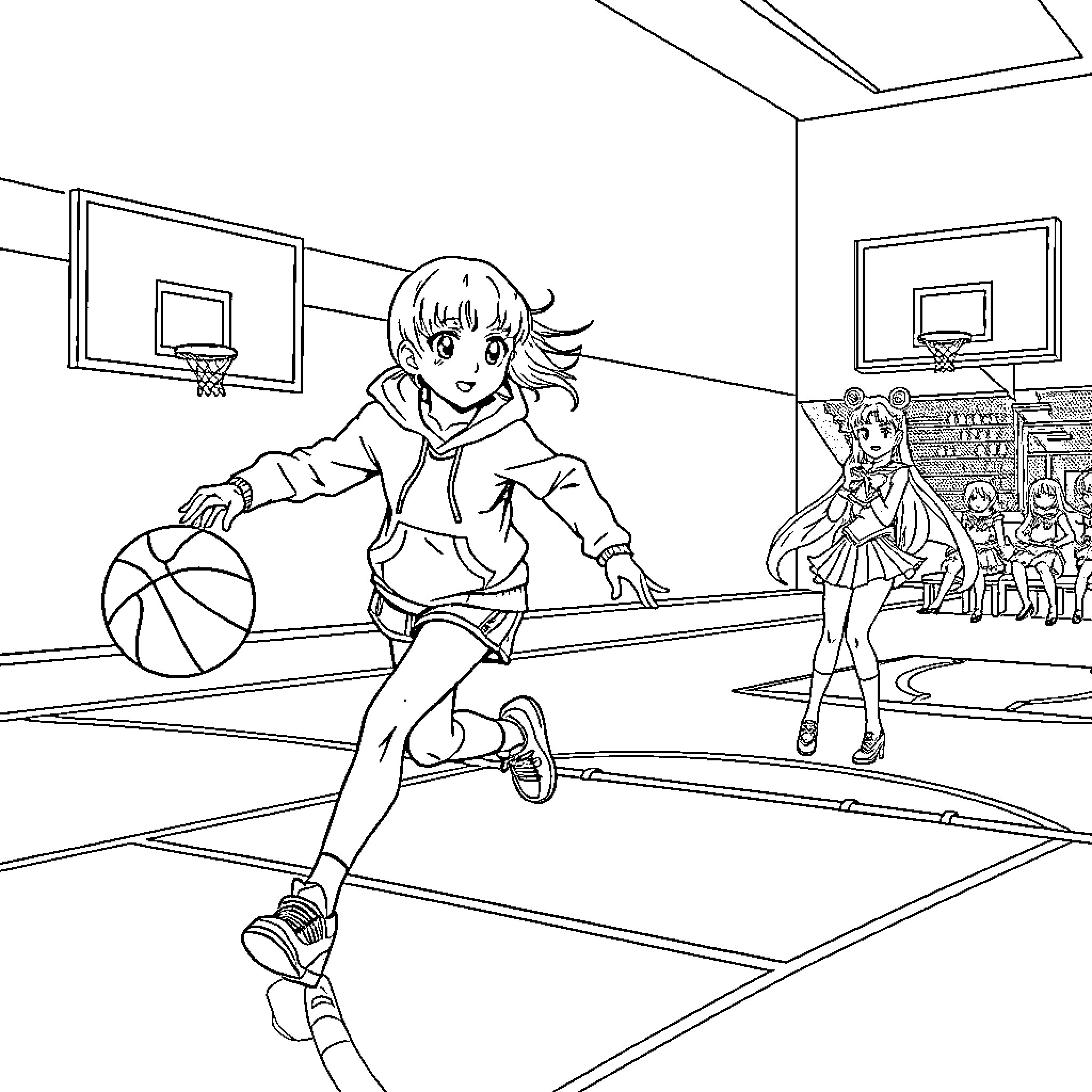 Kuromi playing basketball in a school gym Coloring Page (free black-and-white line drawing printable PDF for all, from beginners to advanced learners, including children, teens, adults, and seniors)