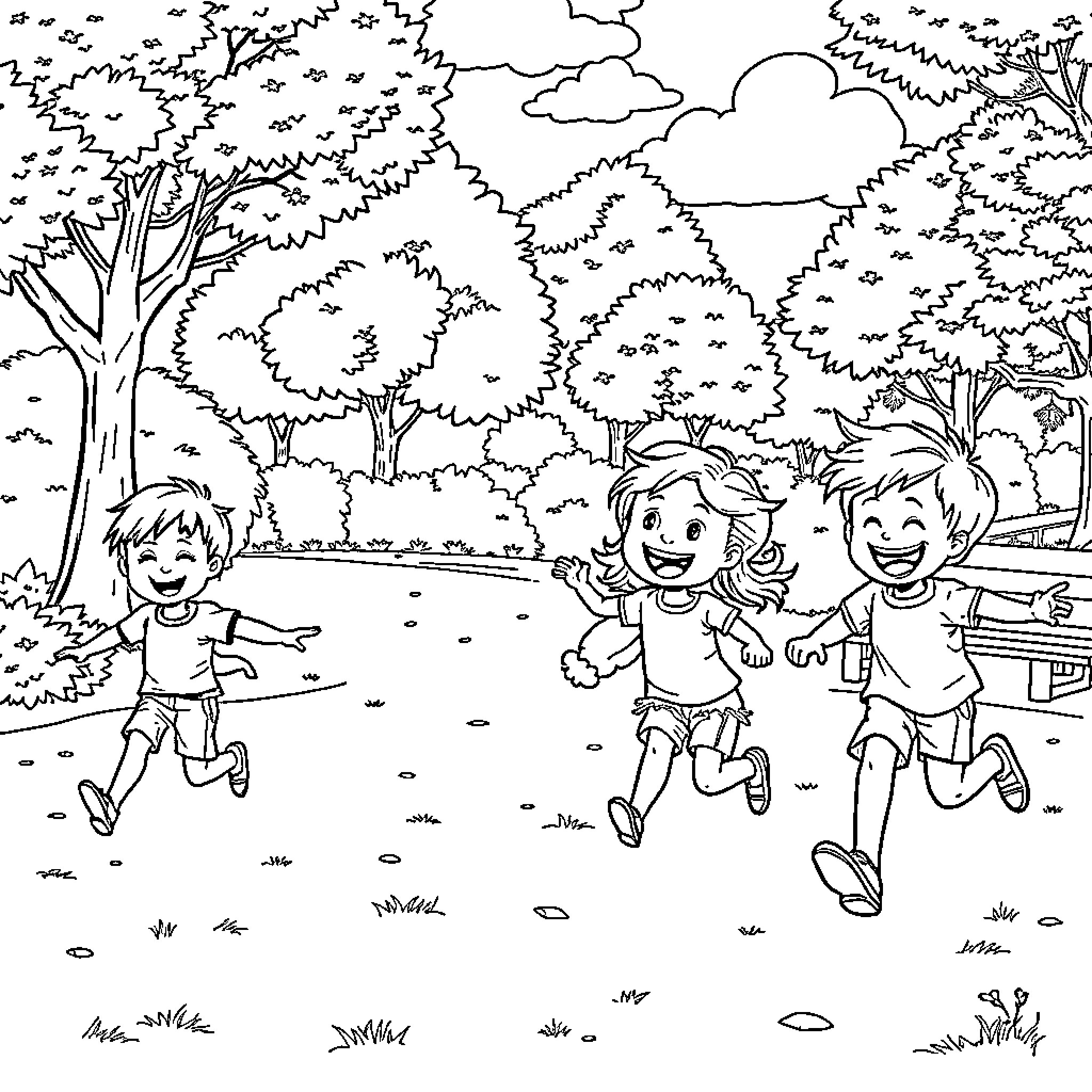 Kid friends running and playing in the park Coloring Page (free black-and-white line drawing printable PDF for all, from beginners to advanced learners, including children, teens, adults, and seniors)