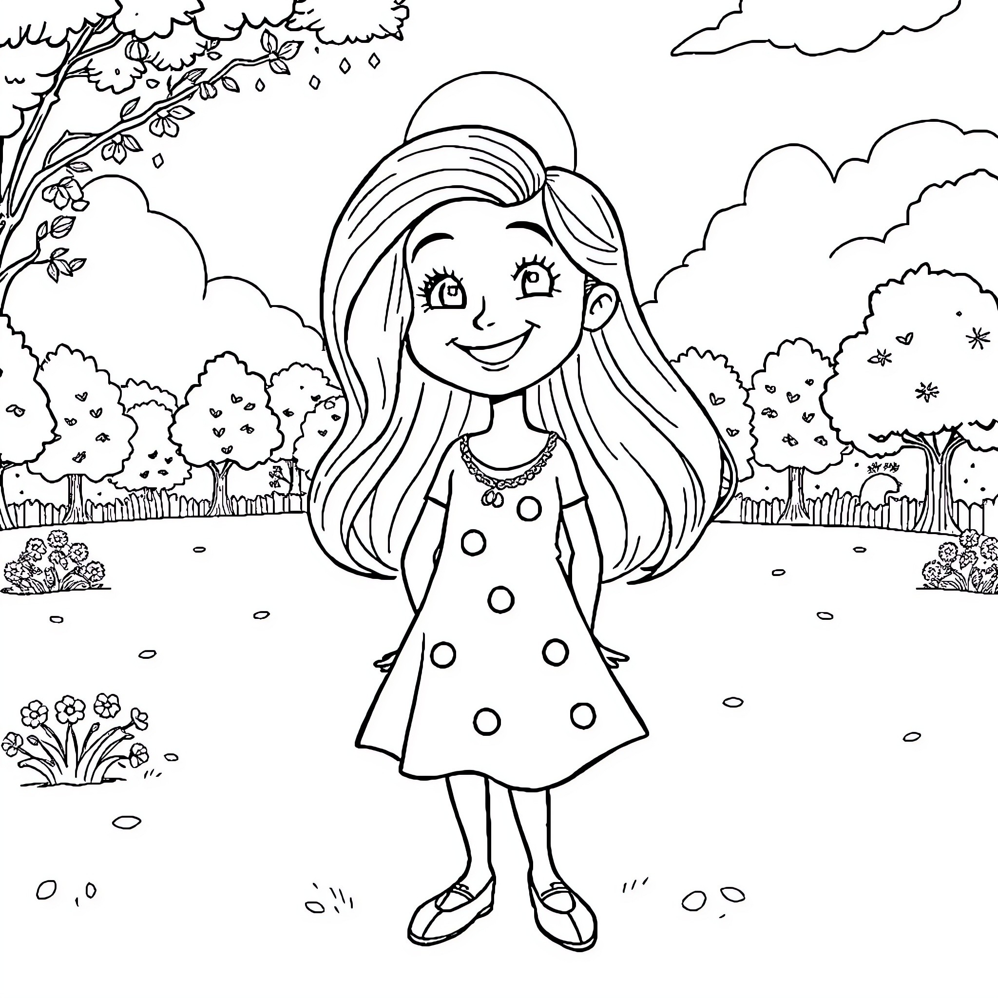 Mavis enjoying a spring day in the park Coloring Page (free black-and-white line drawing printable PDF for all, from beginners to advanced learners, including children, teens, adults, and seniors)