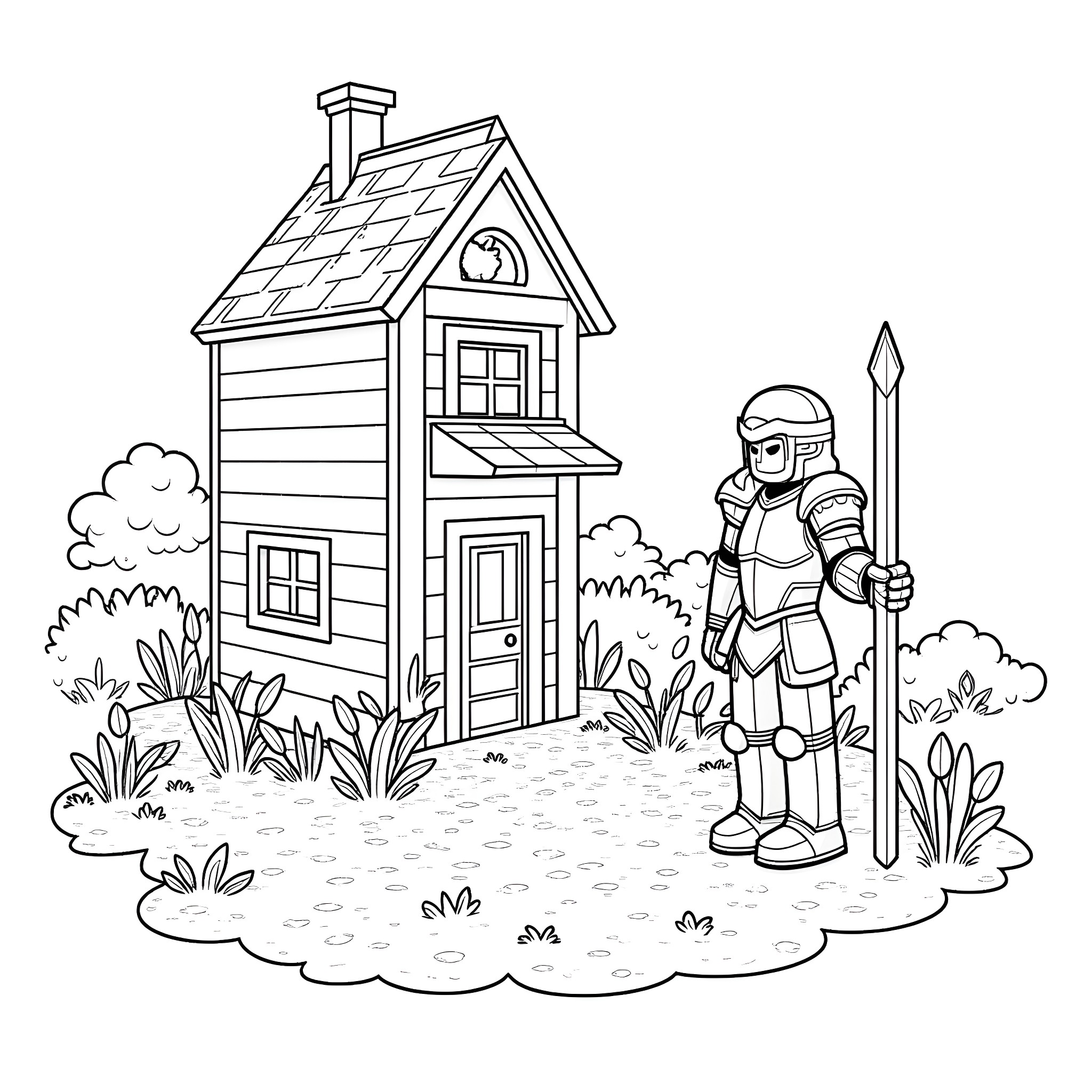 House with knight standing guard outside Coloring Page (free black-and-white line drawing printable PDF for all, from beginners to advanced learners, including children, teens, adults, and seniors)