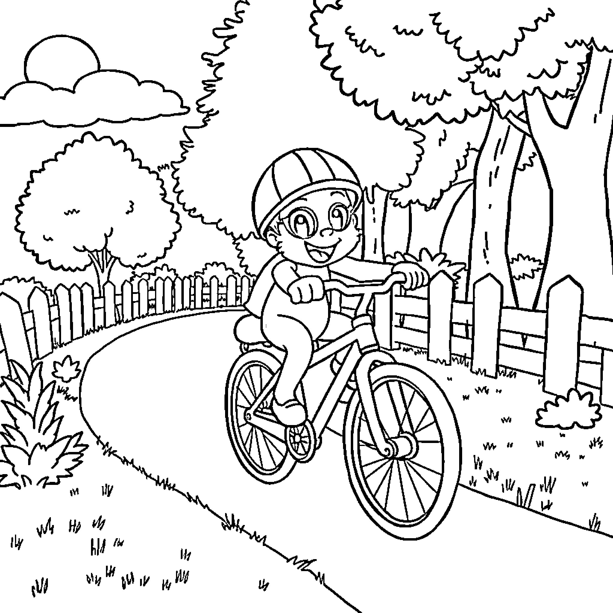 Bluey's Bicycle Adventure through the Park Coloring Page (free black-and-white line drawing printable PDF for all, from beginners to advanced learners, including children, teens, adults, and seniors)