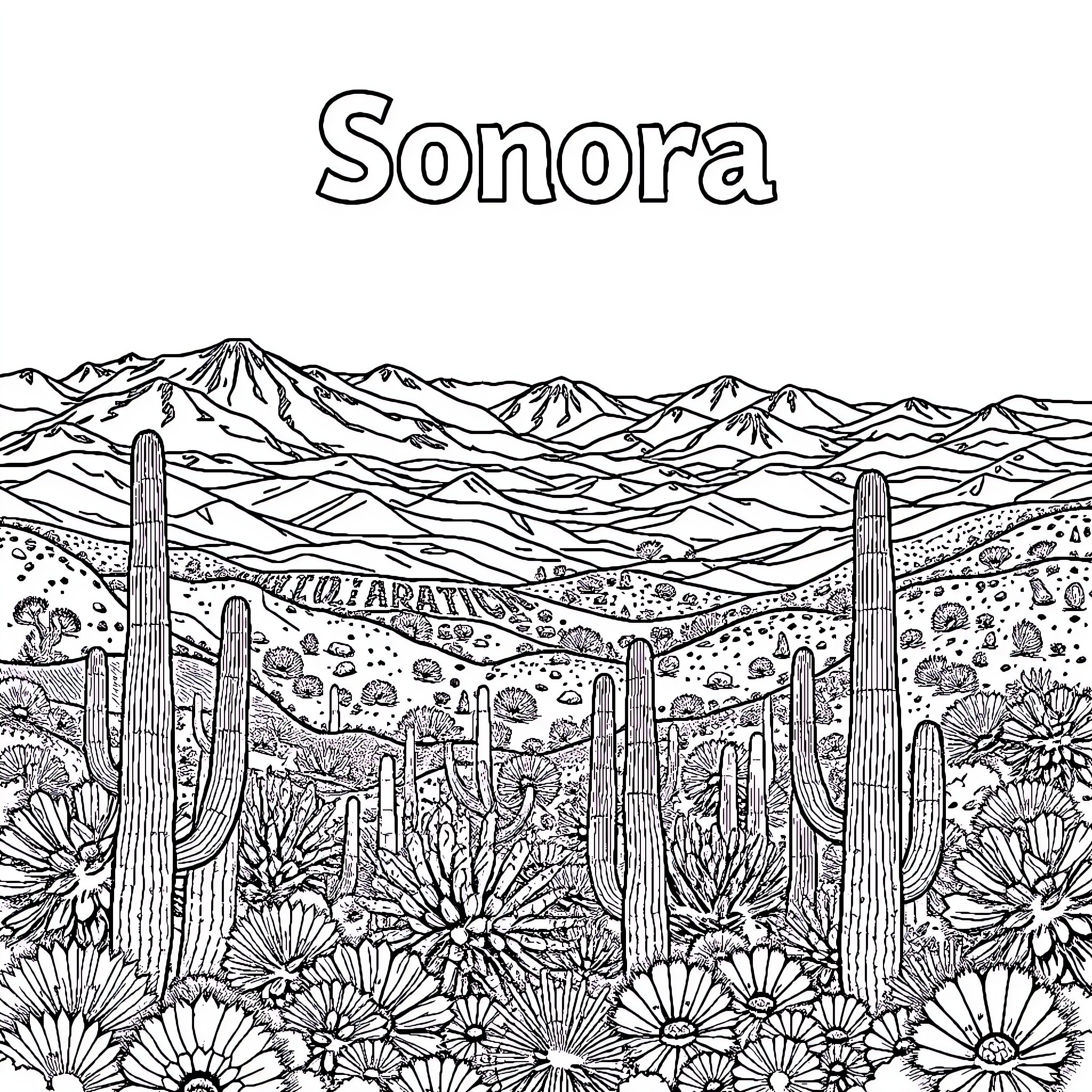 Sonora Desert Landscape with Cactus and Wildflowers Coloring Page (free black-and-white line drawing printable PDF for all, from beginners to advanced learners, including children, teens, adults, and seniors)