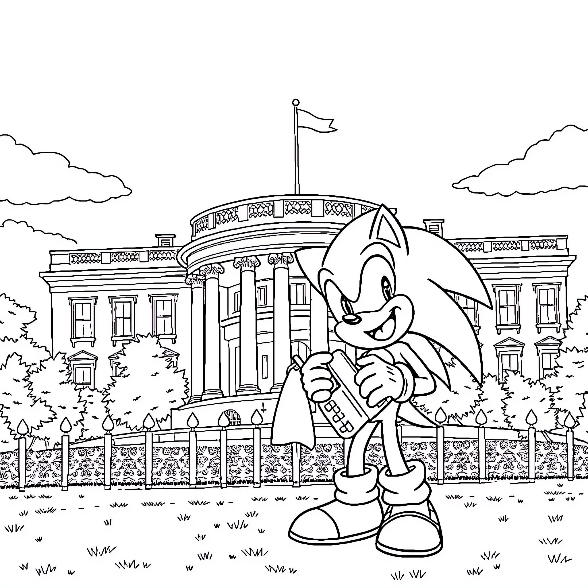 Sonic running happily in front of White House Coloring Page (free black-and-white line drawing printable PDF for all, from beginners to advanced learners, including children, teens, adults, and seniors)