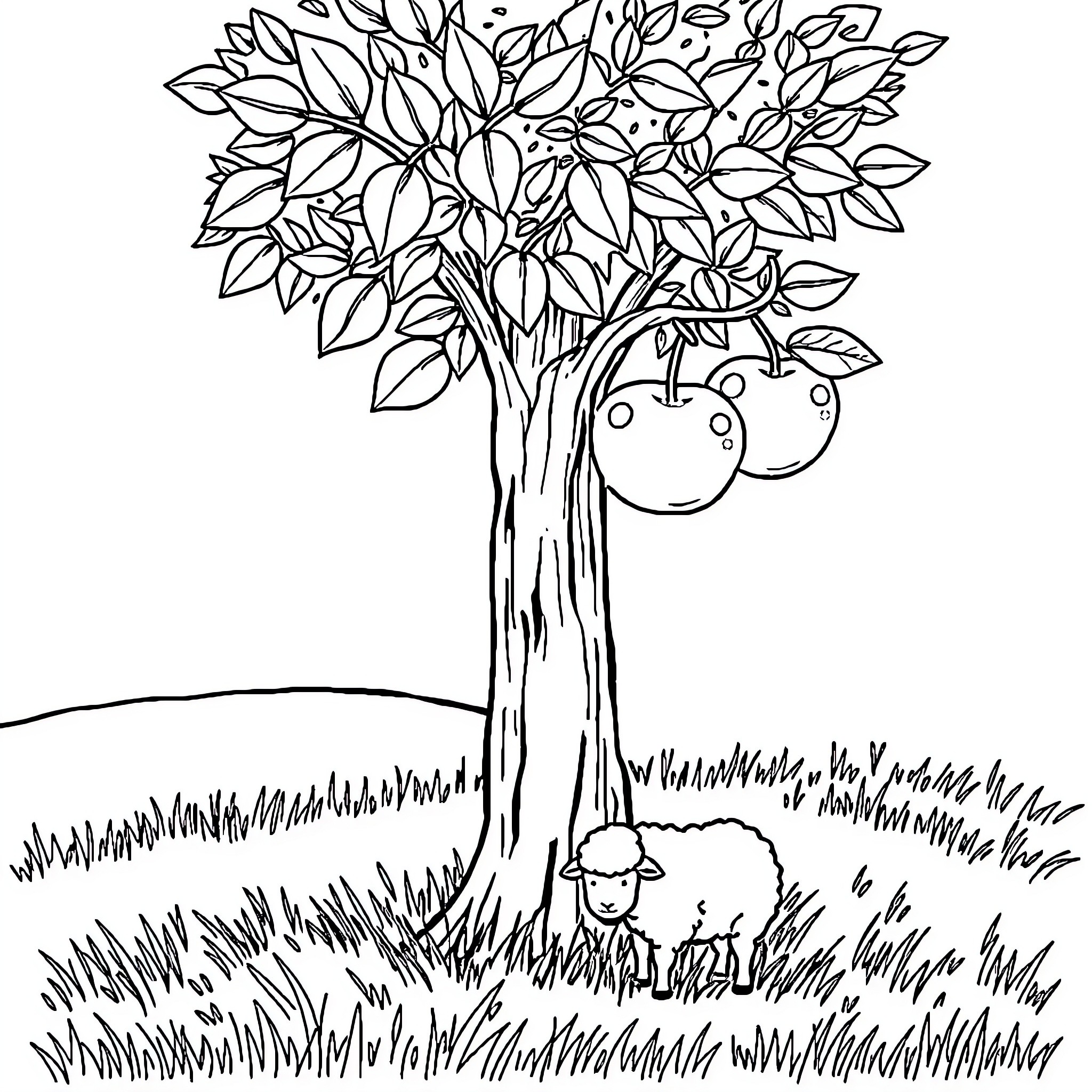 Apple Tree with Smiling Fruits and Sheep Coloring Page (free black-and-white line drawing printable PDF for all, from beginners to advanced learners, including children, teens, adults, and seniors)
