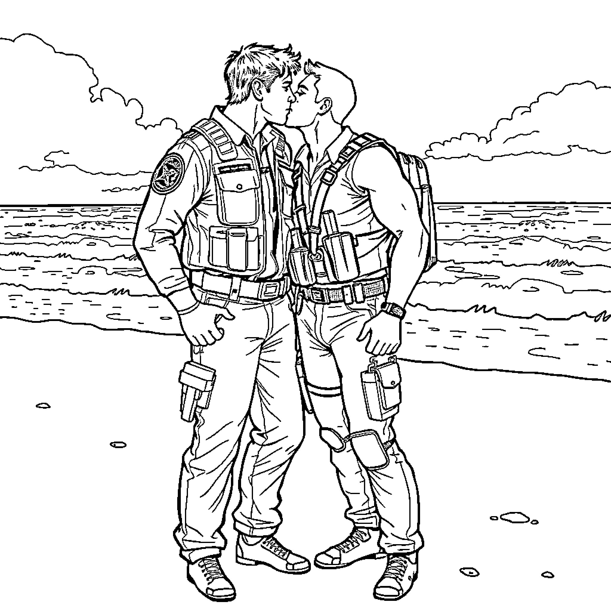 Ken and partner in action on the beach Coloring Page (free black-and-white line drawing printable PDF for all, from beginners to advanced learners, including children, teens, adults, and seniors)