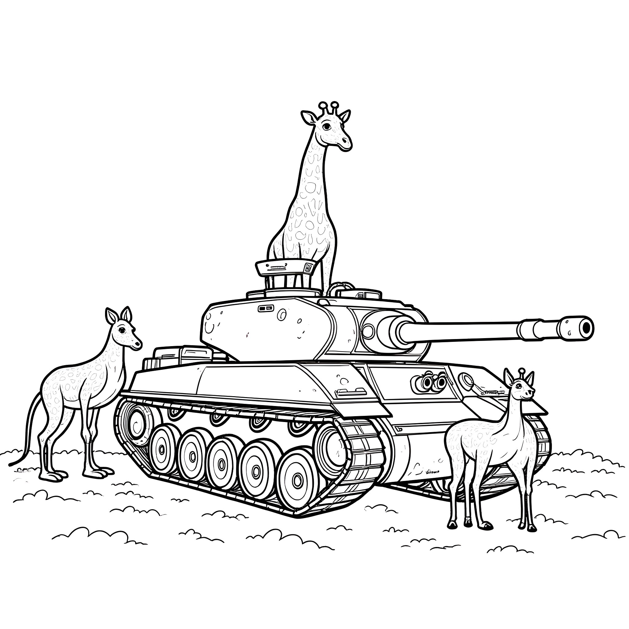 Giraffes observing military tank on the field Coloring Page (free black-and-white line drawing printable PDF for all, from beginners to advanced learners, including children, teens, adults, and seniors)