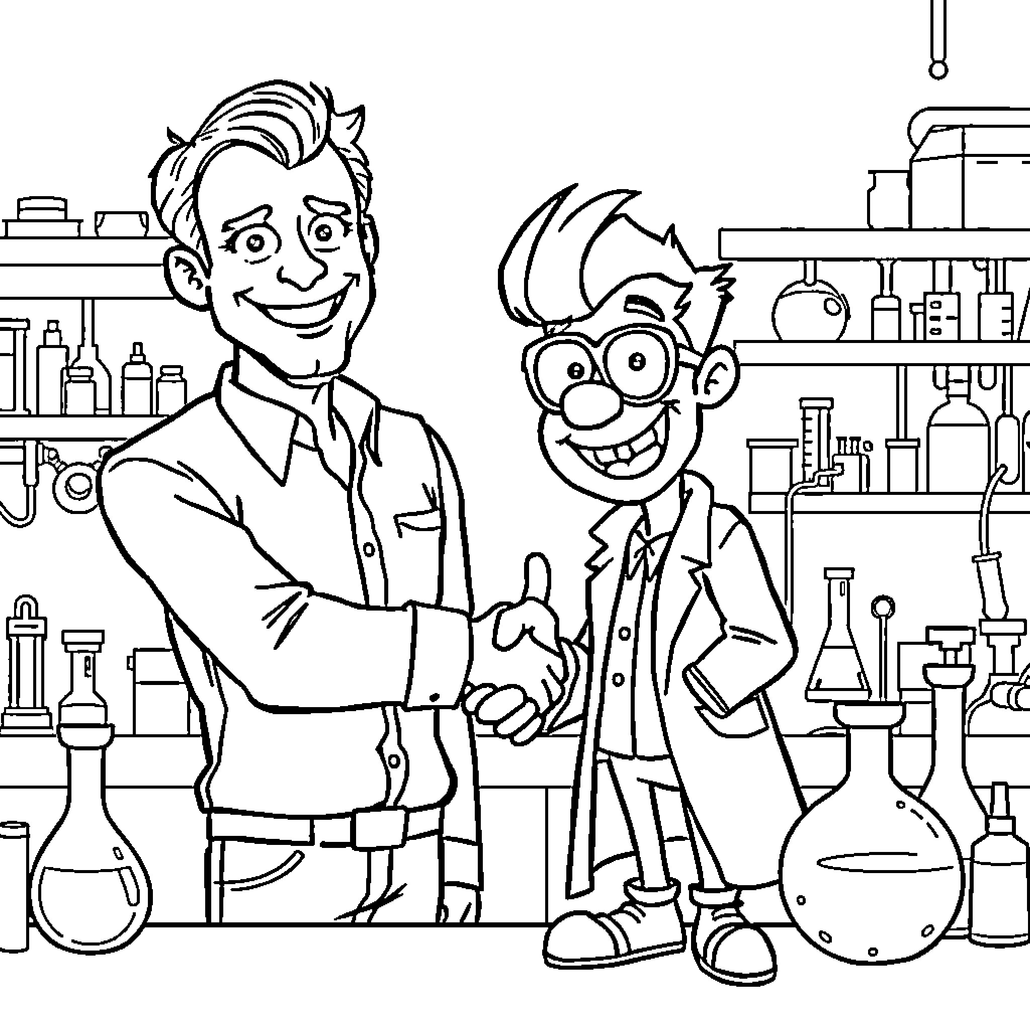 Dexter's Fascinating Science Adventure Coloring Page (free black-and-white line drawing printable PDF for all, from beginners to advanced learners, including children, teens, adults, and seniors)
