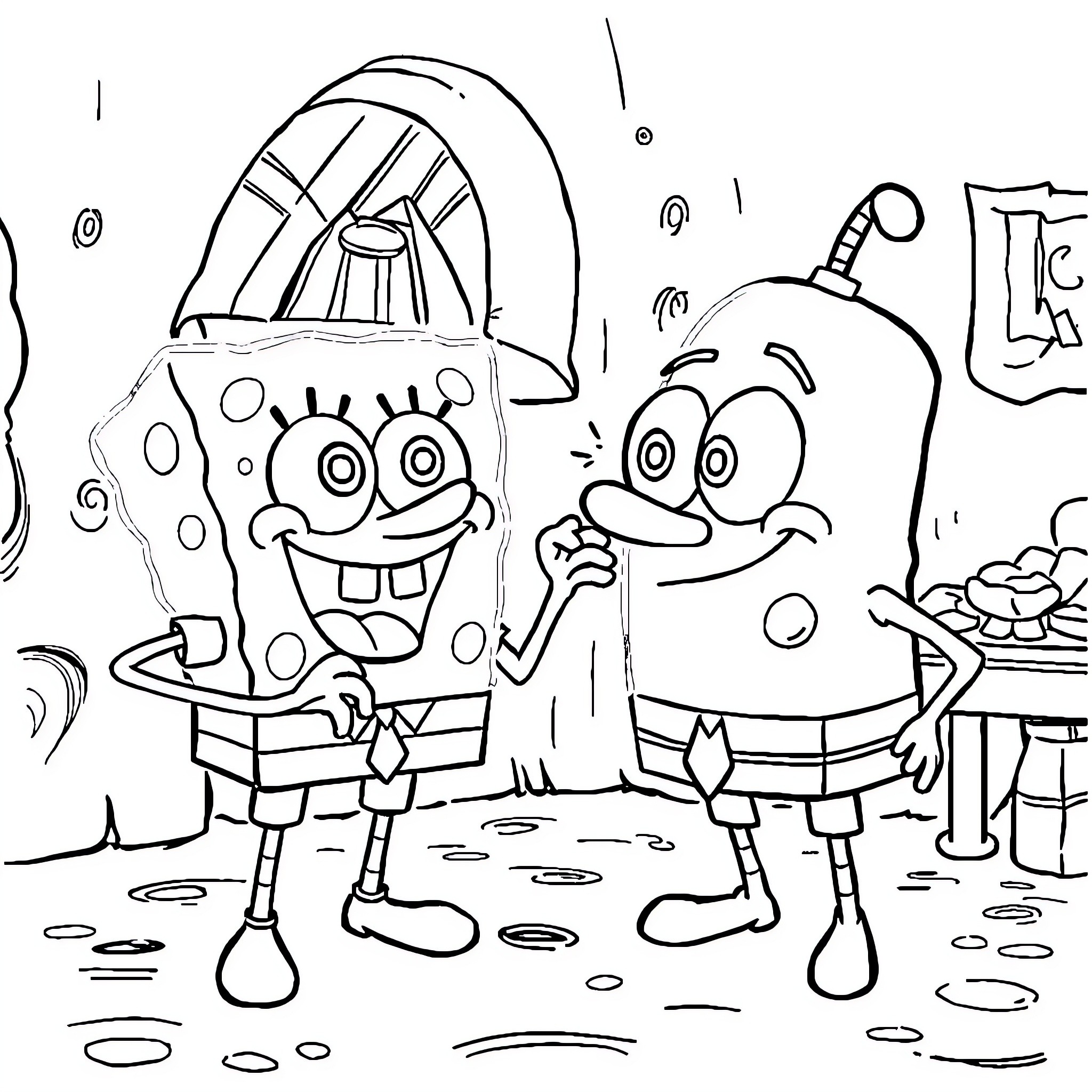 Bob esponja and friend in playful adventure Coloring Page (free black-and-white line drawing printable PDF for all, from beginners to advanced learners, including children, teens, adults, and seniors)