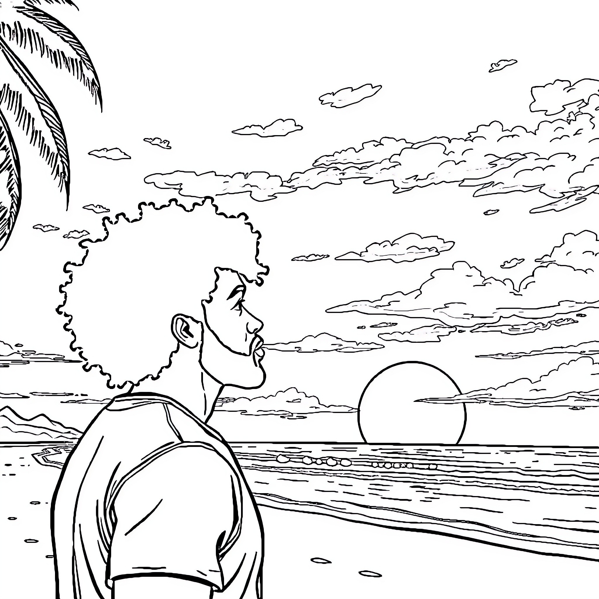 Guy gazing at the scenic beach view Coloring Page (free black-and-white line drawing printable PDF for all, from beginners to advanced learners, including children, teens, adults, and seniors)