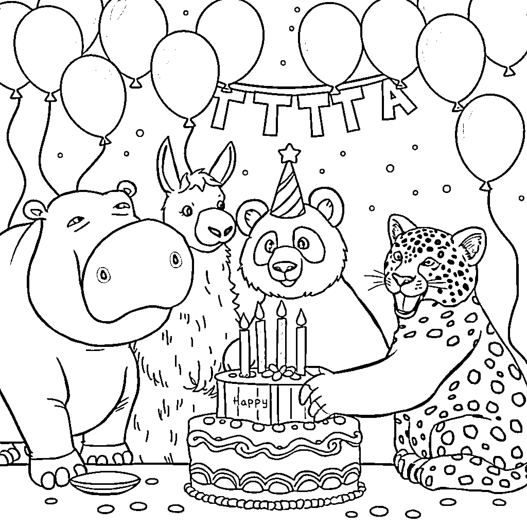 Animal friends celebrating a birthday party Coloring Page (free black-and-white line drawing printable PDF for all, from beginners to advanced learners, including children, teens, adults, and seniors)