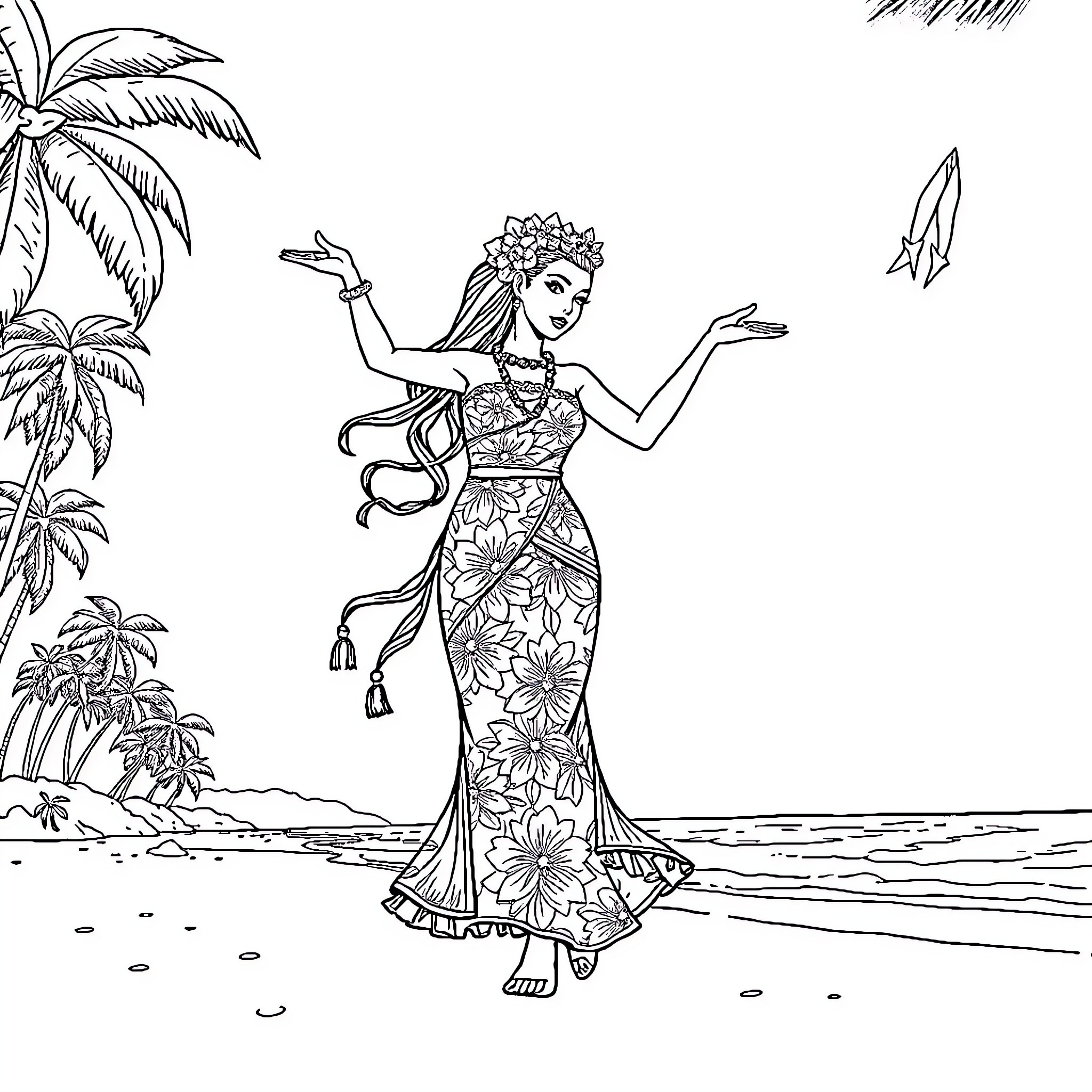 Tahitian woman performing traditional dance on the beach Coloring Page (free black-and-white line drawing printable PDF for all, from beginners to advanced learners, including children, teens, adults, and seniors)