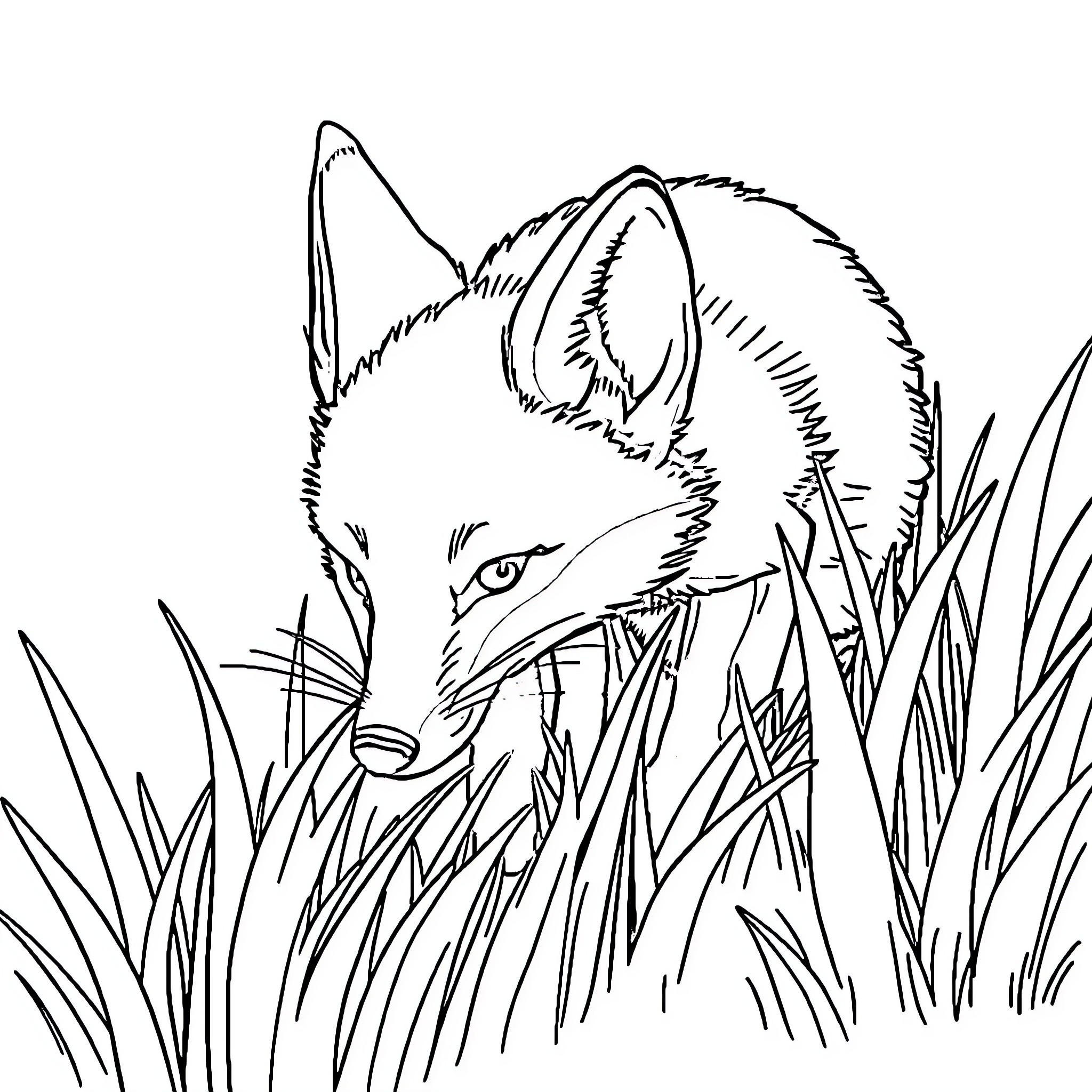 Fox hiding in tall grass Coloring Page (free black-and-white line drawing printable PDF for all, from beginners to advanced learners, including children, teens, adults, and seniors)