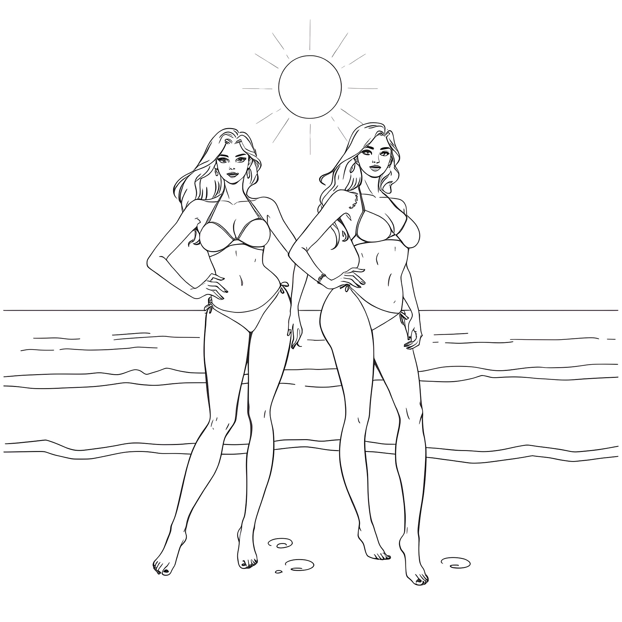 Model Two Women in Swimsuits on the Beach Coloring Page (free black-and-white line drawing printable PDF for all, from beginners to advanced learners, including children, teens, adults, and seniors)