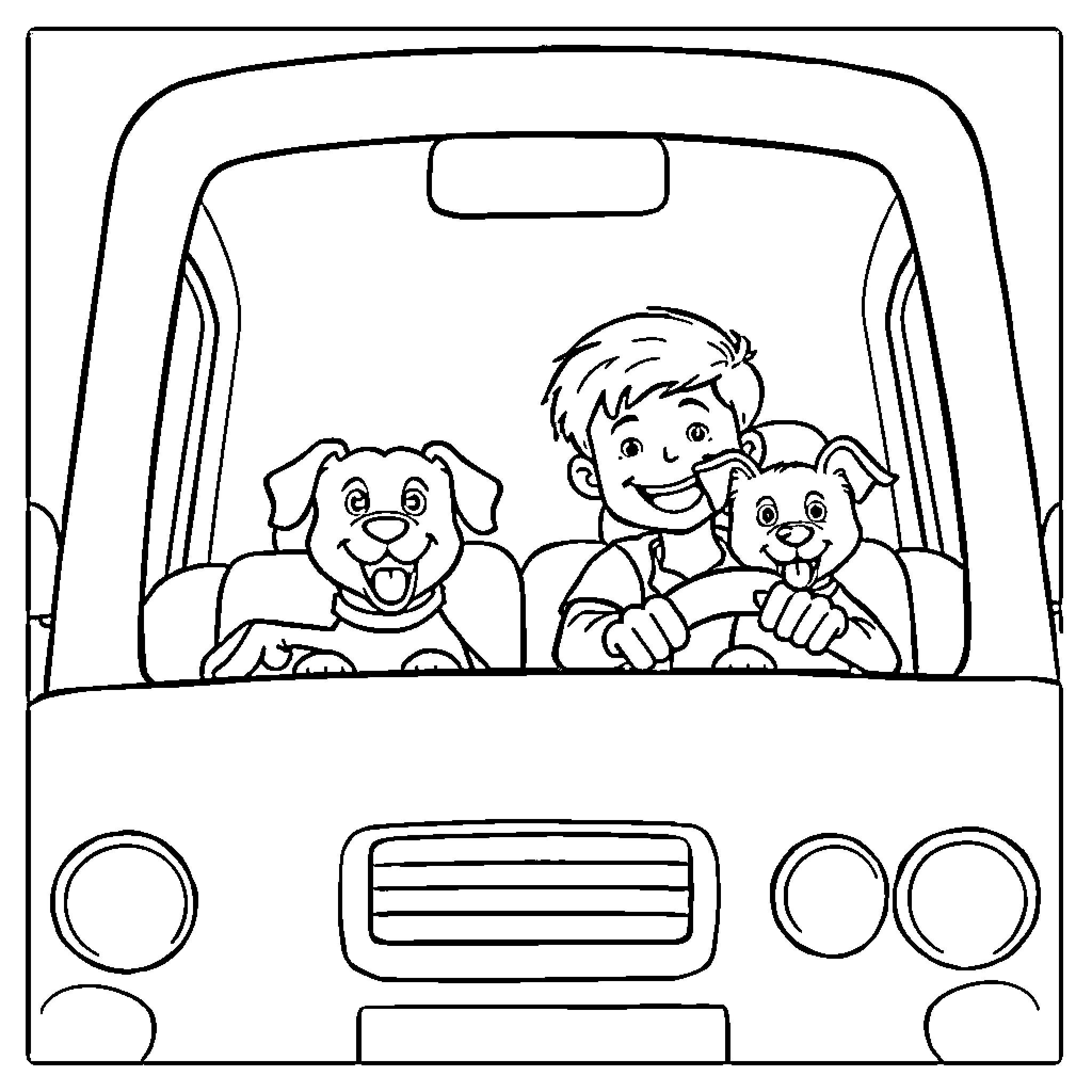 Car with Boy and Dogs Enjoying Ride Coloring Page (free black-and-white line drawing printable PDF for all, from beginners to advanced learners, including children, teens, adults, and seniors)