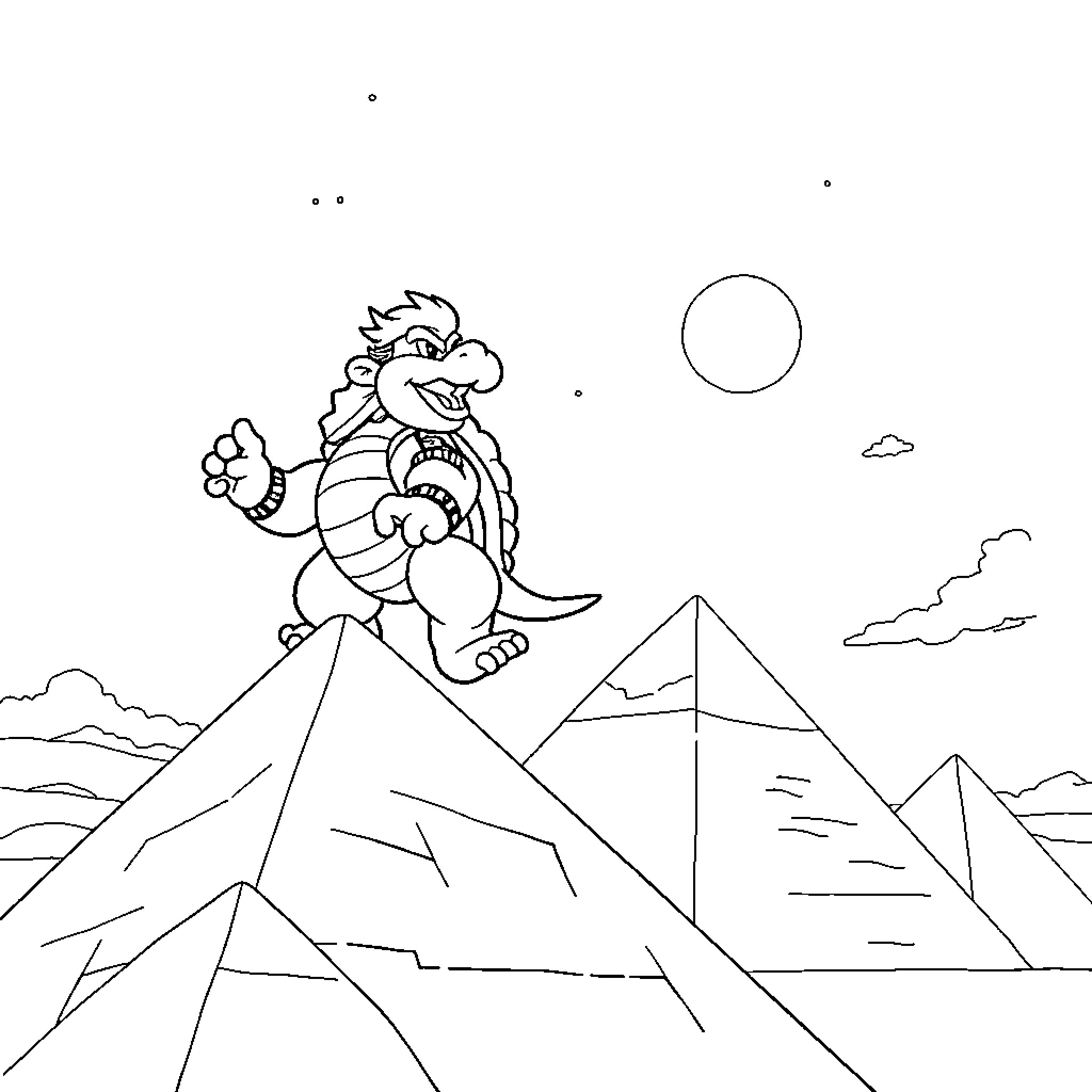 Bowser exploring the mysterious pyramids Coloring Page (free black-and-white line drawing printable PDF for all, from beginners to advanced learners, including children, teens, adults, and seniors)