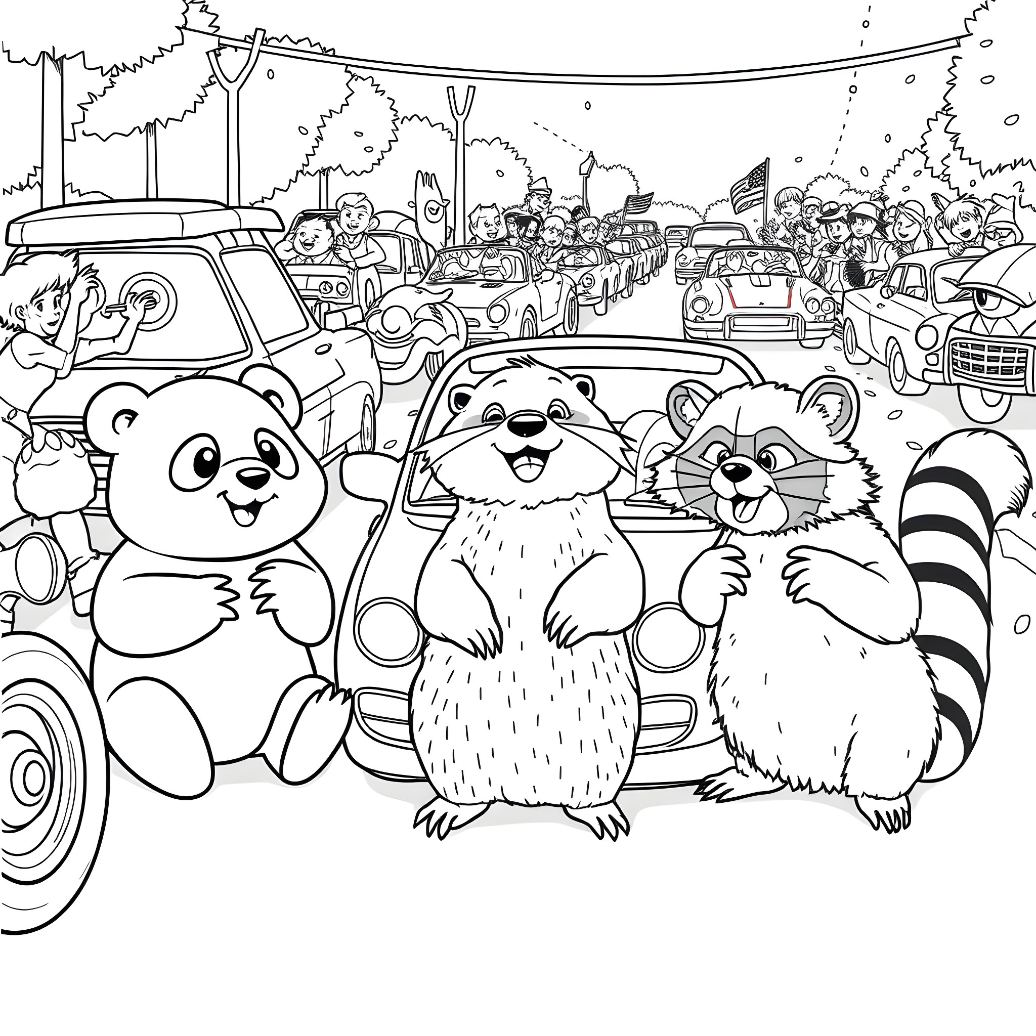 Pandas in a busy city traffic Coloring Page (free black-and-white line drawing printable PDF for all, from beginners to advanced learners, including children, teens, adults, and seniors)
