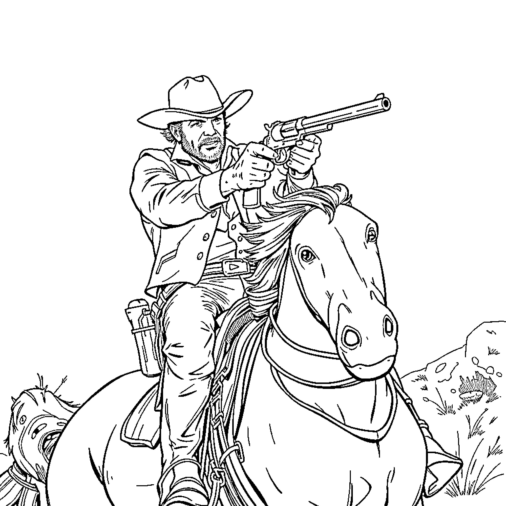 Arthur Morgan on horseback with a revolver Coloring Page (free black-and-white line drawing printable PDF for all, from beginners to advanced learners, including children, teens, adults, and seniors)