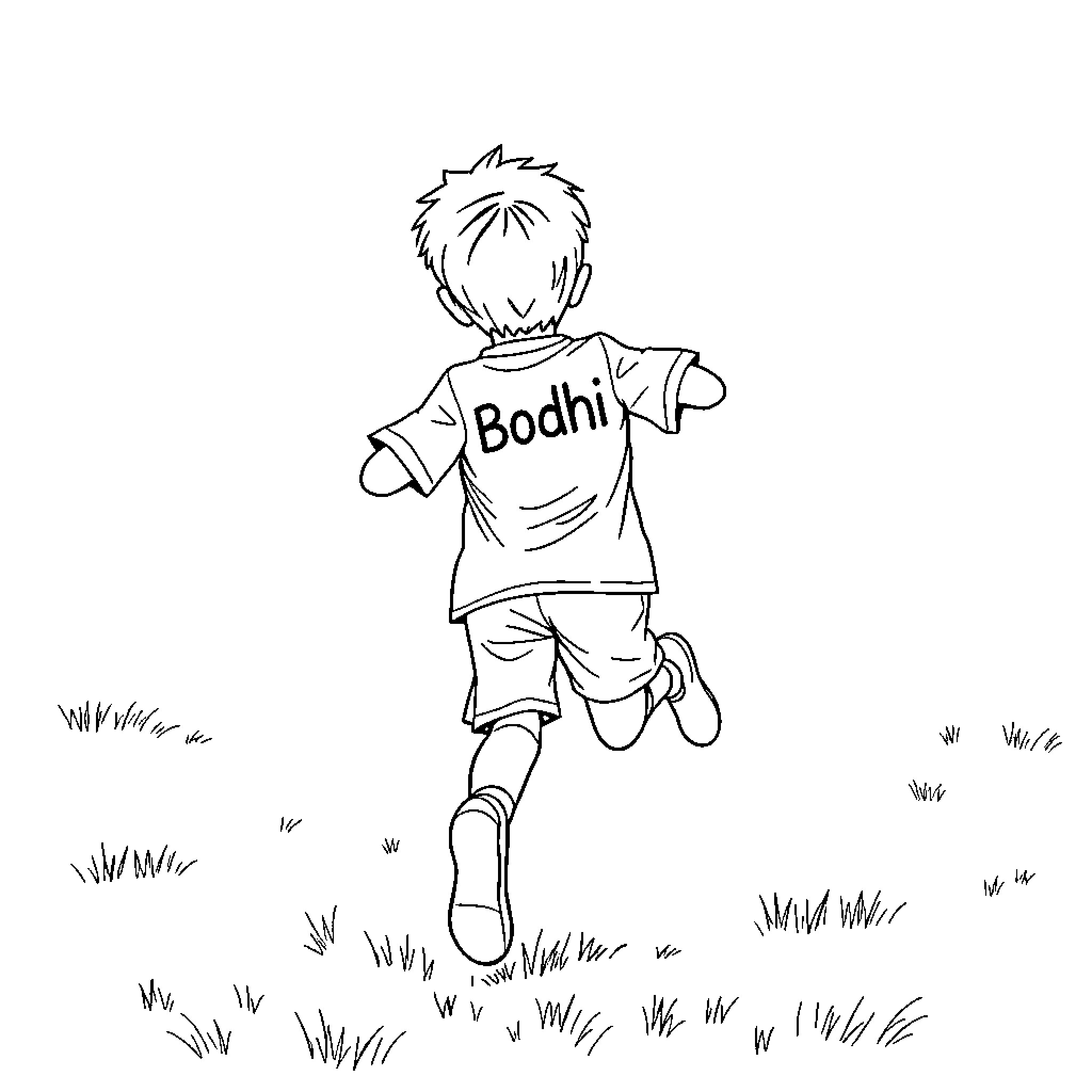 Kid running happily through the field Coloring Page (free black-and-white line drawing printable PDF for all, from beginners to advanced learners, including children, teens, adults, and seniors)