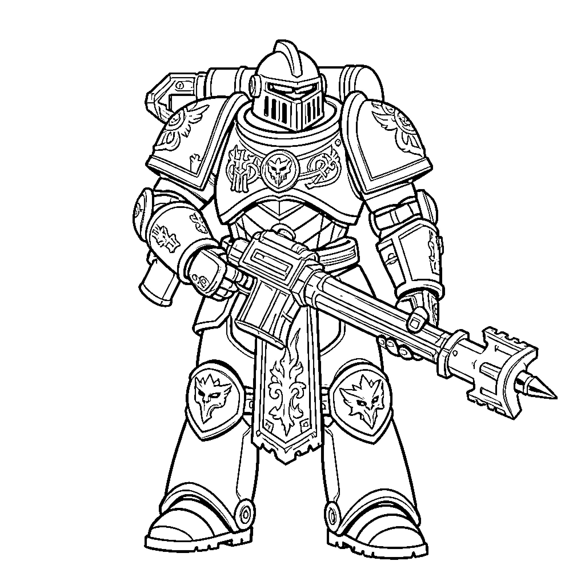 Grey Knight standing tall in ornate heavy armor Coloring Page (free black-and-white line drawing printable PDF for all, from beginners to advanced learners, including children, teens, adults, and seniors)