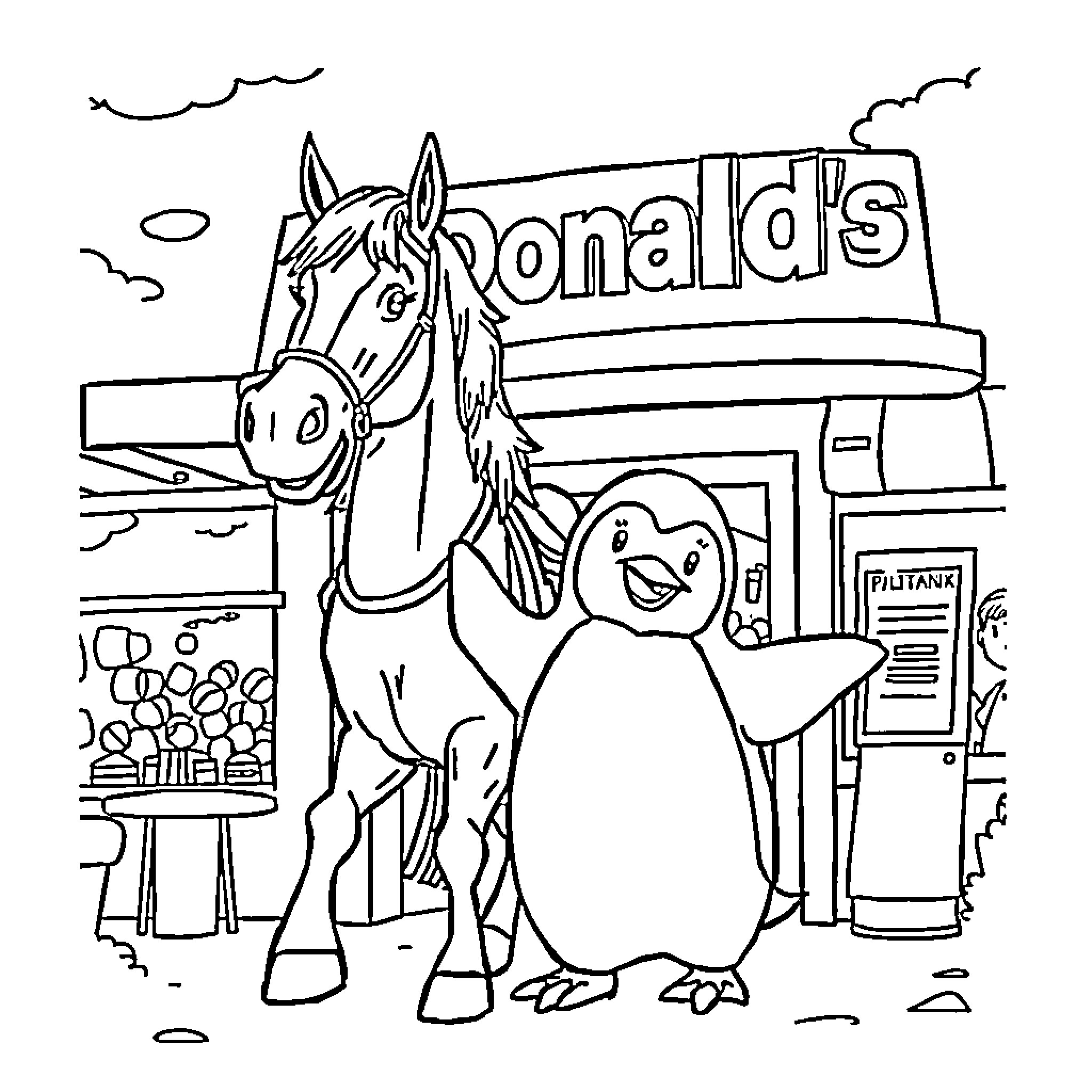 Horse and penguin outside a restaurant Coloring Page (free black-and-white line drawing printable PDF for all, from beginners to advanced learners, including children, teens, adults, and seniors)
