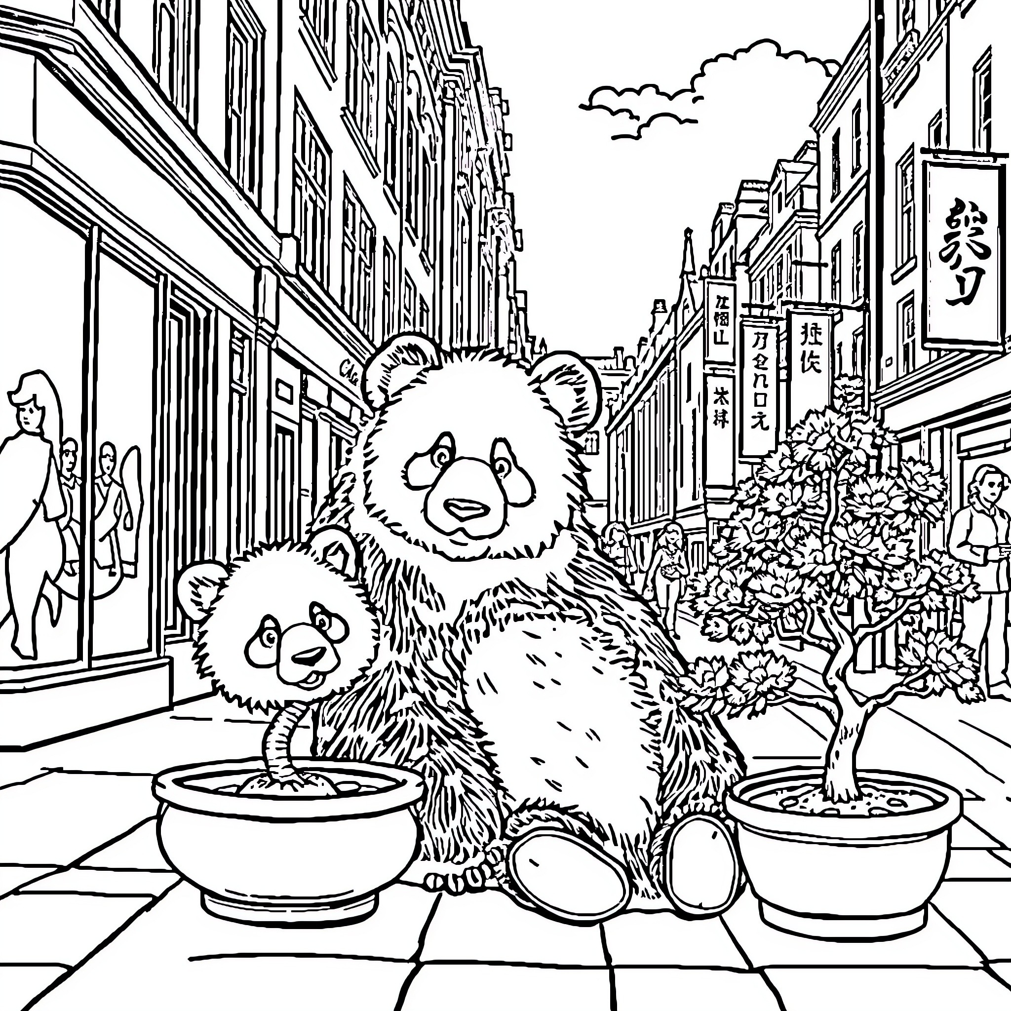 Panda family exploring a bustling city street Coloring Page (free black-and-white line drawing printable PDF for all, from beginners to advanced learners, including children, teens, adults, and seniors)