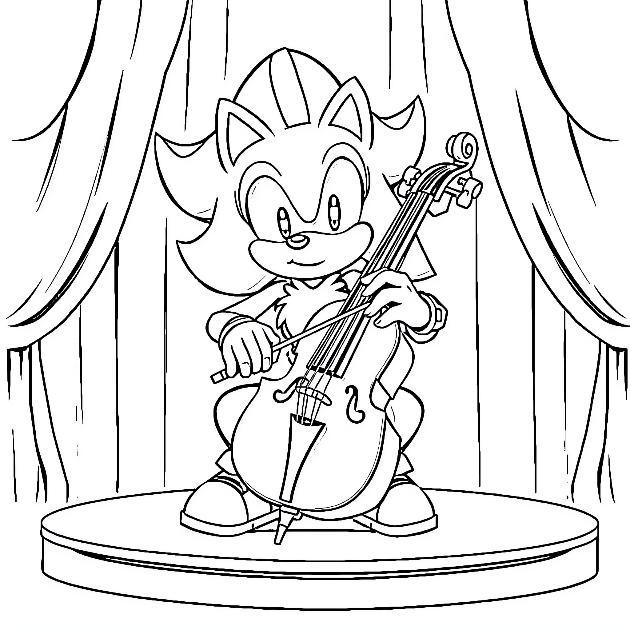 Shadow Cello Prodigy on Stage Coloring Page (free black-and-white line drawing printable PDF for all, from beginners to advanced learners, including children, teens, adults, and seniors)
