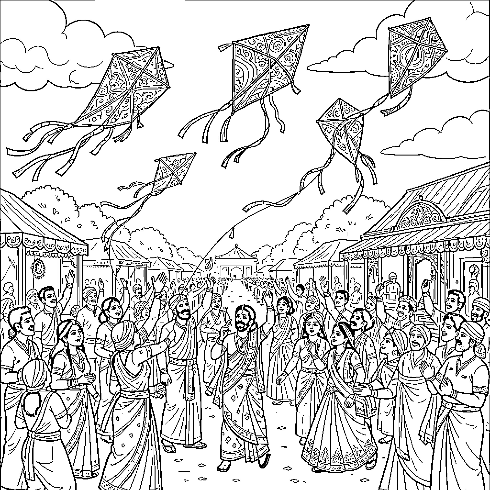 Makar Sankranti celebration with kites and traditional attire Coloring Page (free black-and-white line drawing printable PDF for all, from beginners to advanced learners, including children, teens, adults, and seniors)