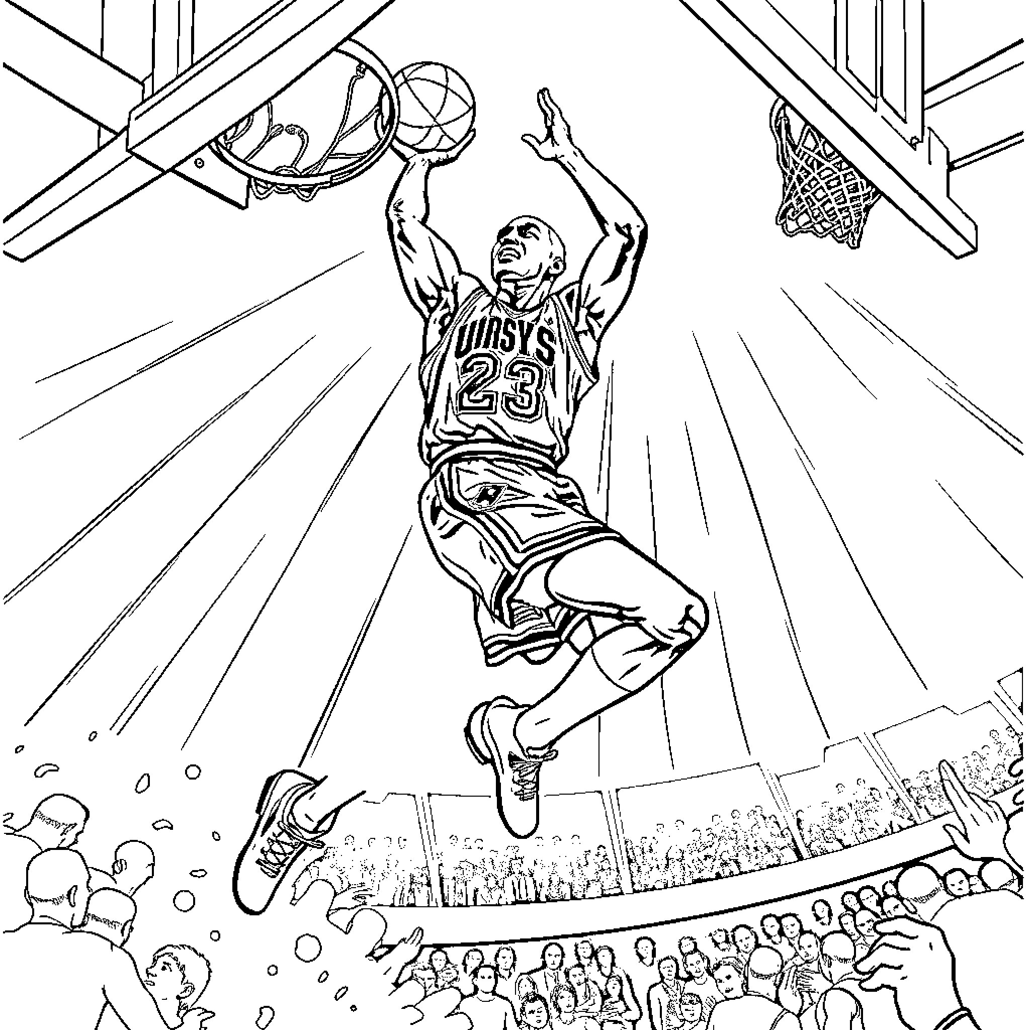 Michael Jordan's Iconic Basketball Slam Dunk Coloring Page (free black-and-white line drawing printable PDF for all, from beginners to advanced learners, including children, teens, adults, and seniors)