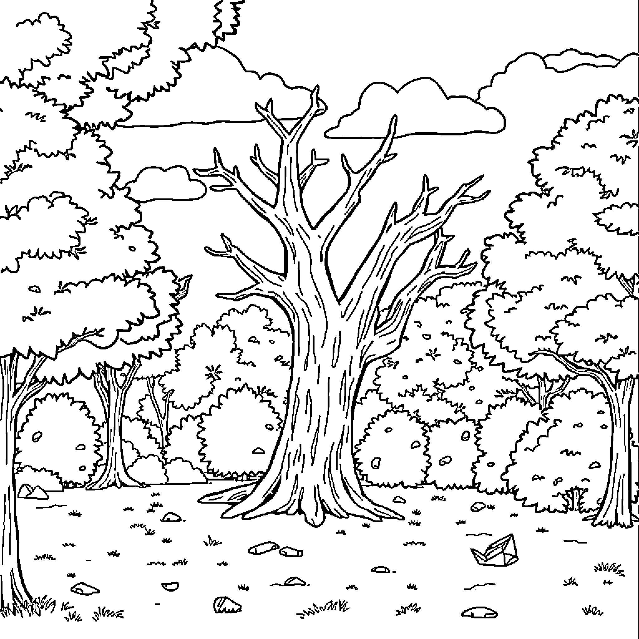 Tree with Branches and Forest Landscape Coloring Page (free black-and-white line drawing printable PDF for all, from beginners to advanced learners, including children, teens, adults, and seniors)