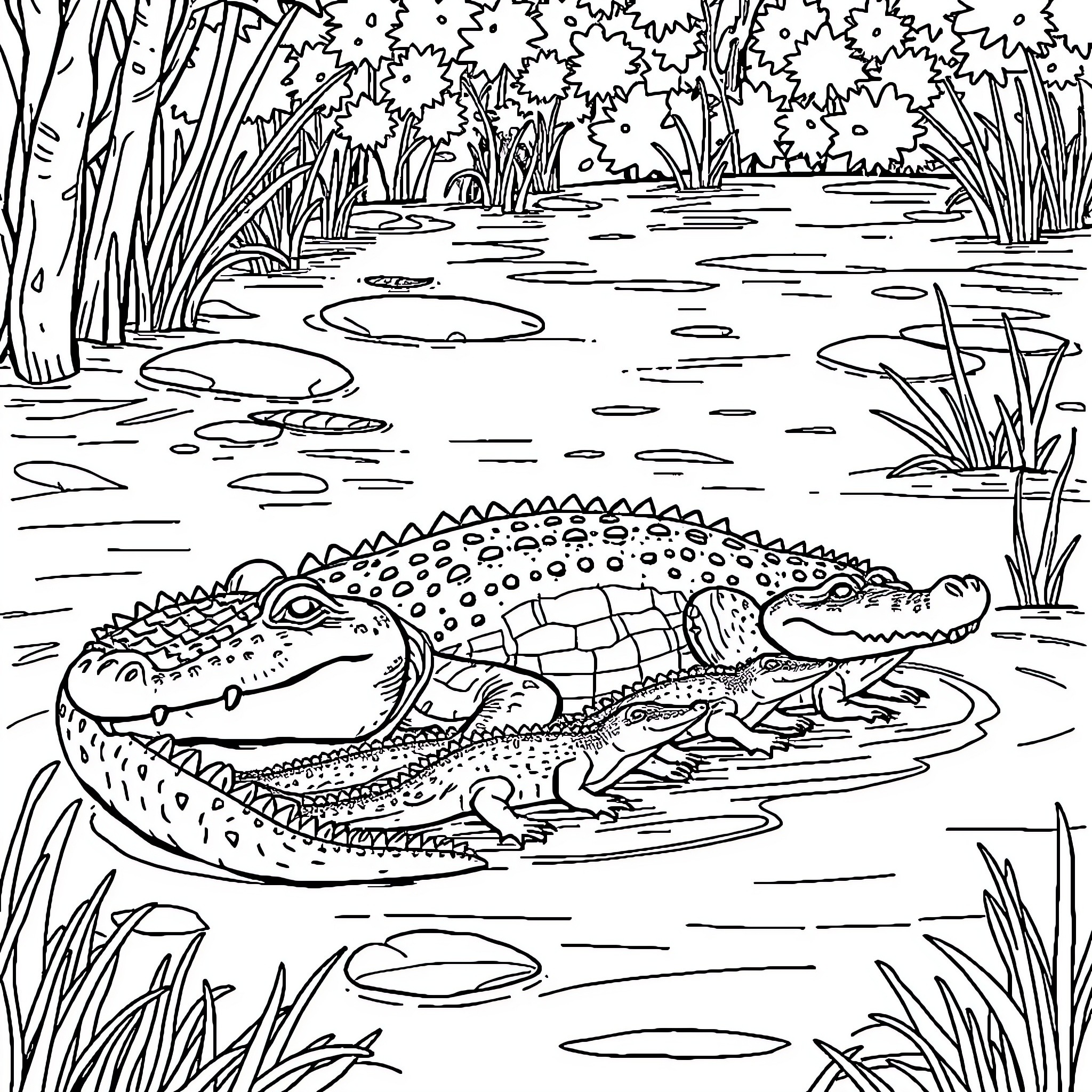 Alligator resting in the swampy wetlands Coloring Page (free black-and-white line drawing printable PDF for all, from beginners to advanced learners, including children, teens, adults, and seniors)