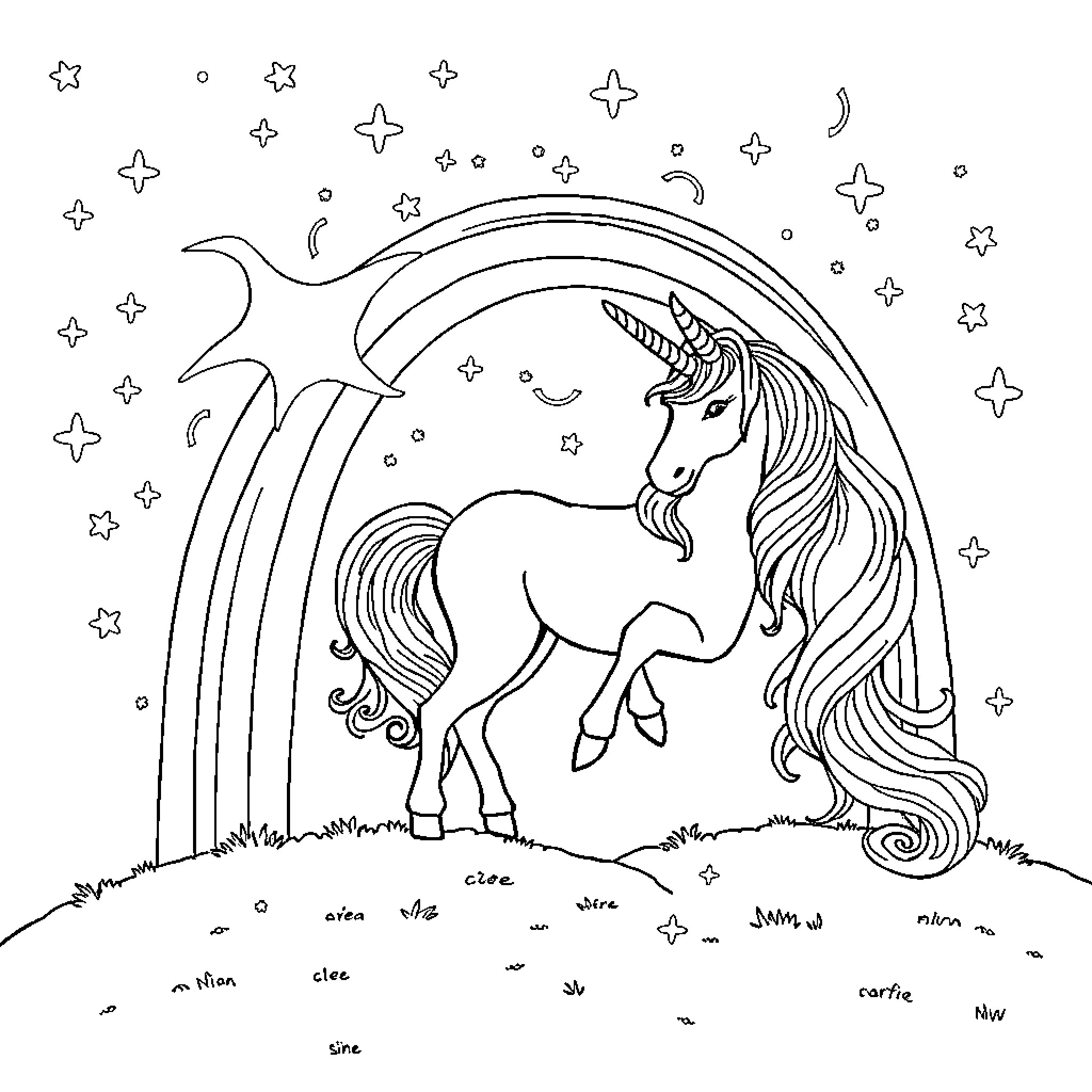 Unicorn amidst sparkling night sky and rainbow Coloring Page (free black-and-white line drawing printable PDF for all, from beginners to advanced learners, including children, teens, adults, and seniors)