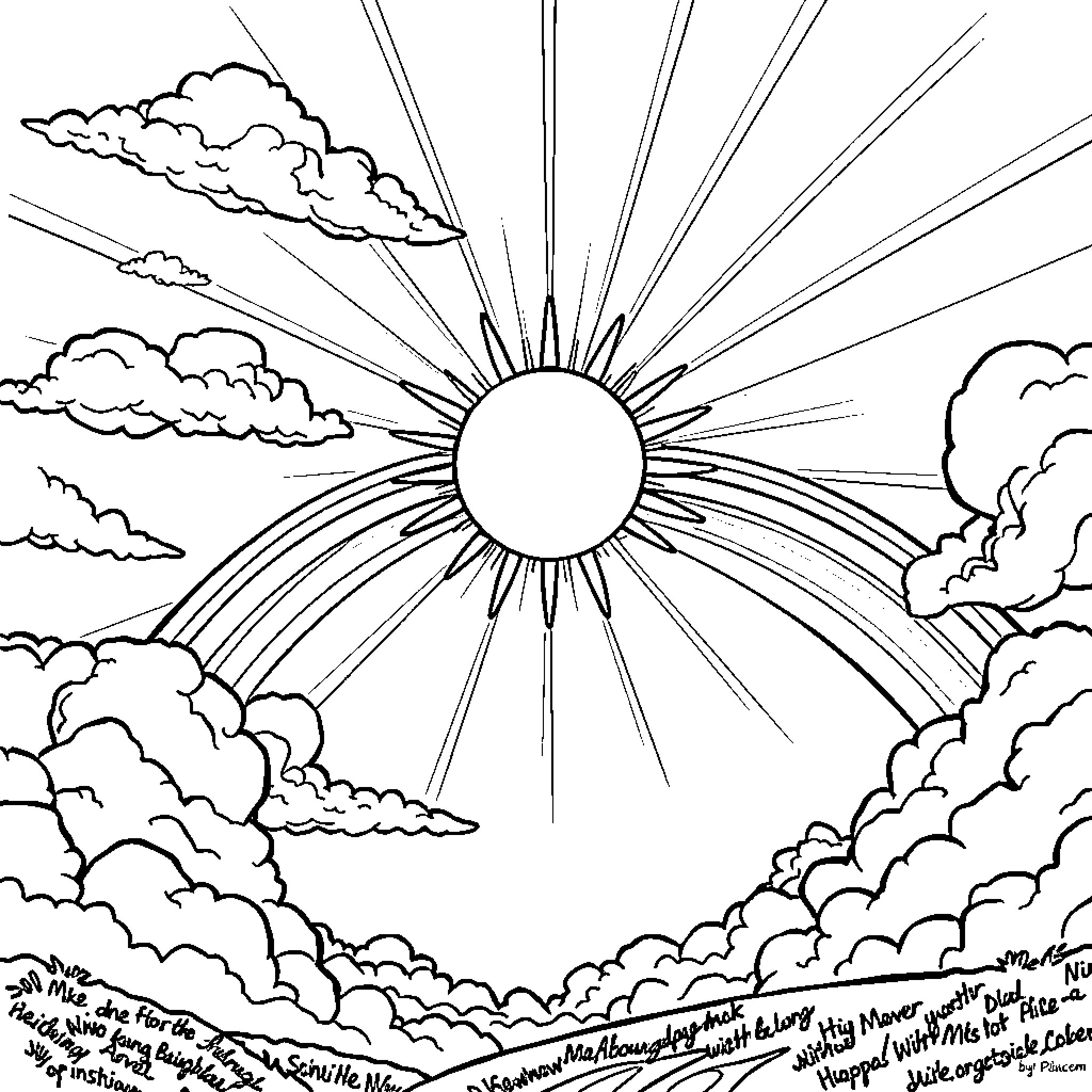Sun shining brightly through clouds in the sky Coloring Page (free black-and-white line drawing printable PDF for all, from beginners to advanced learners, including children, teens, adults, and seniors)