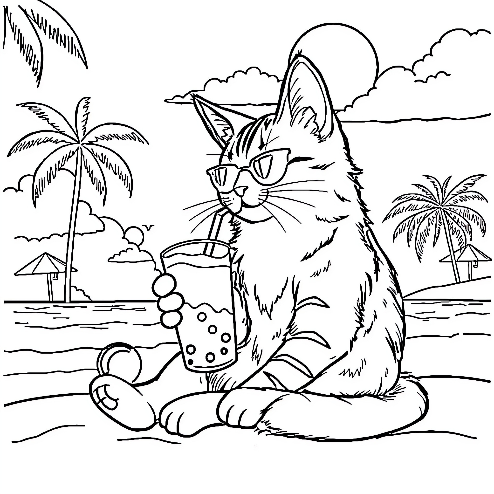 Cat enjoying a tropical drink on the beach Coloring Page (free black-and-white line drawing printable PDF for all, from beginners to advanced learners, including children, teens, adults, and seniors)