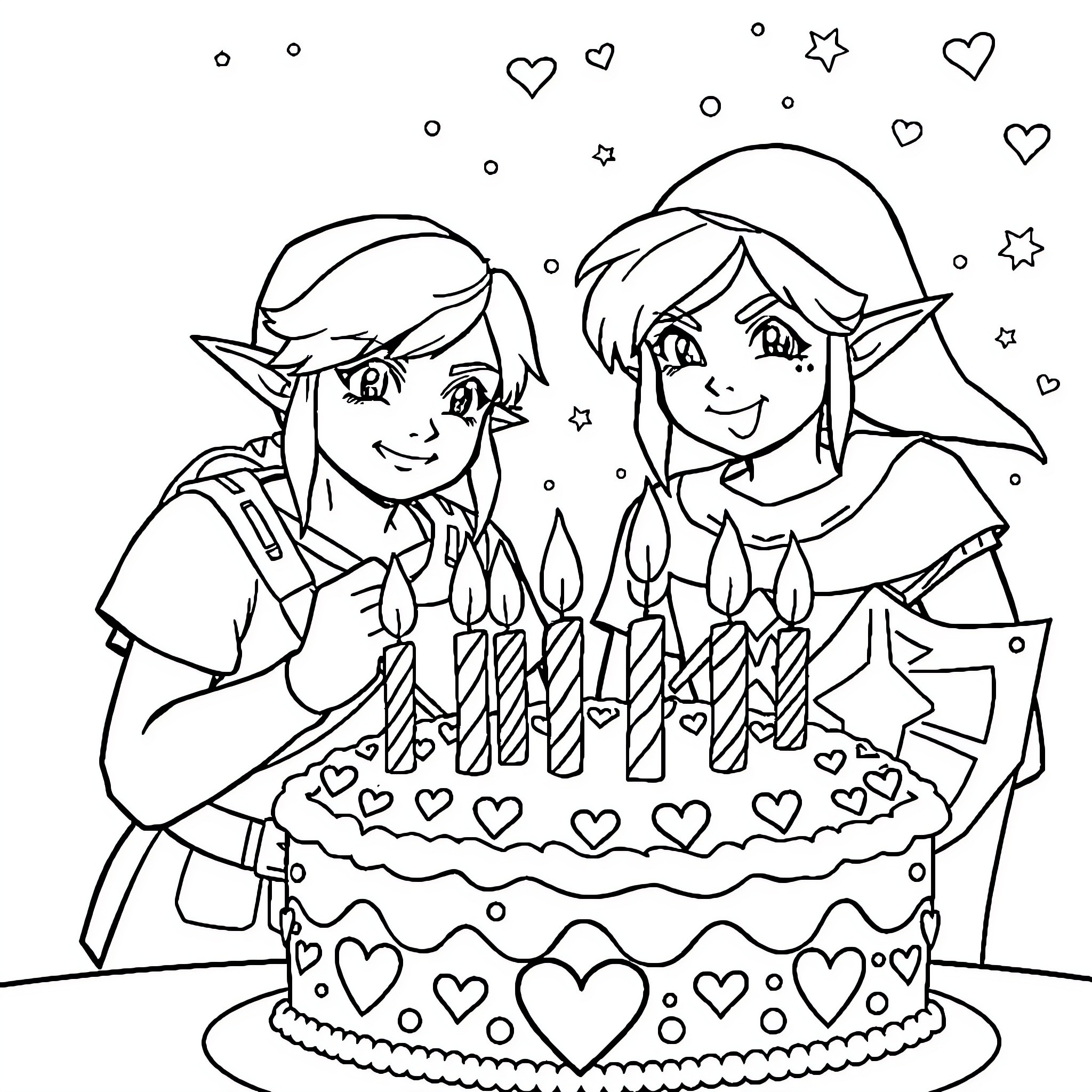 Zelda and Link Celebrating with a Birthday Cake Coloring Page (free black-and-white line drawing printable PDF for all, from beginners to advanced learners, including children, teens, adults, and seniors)