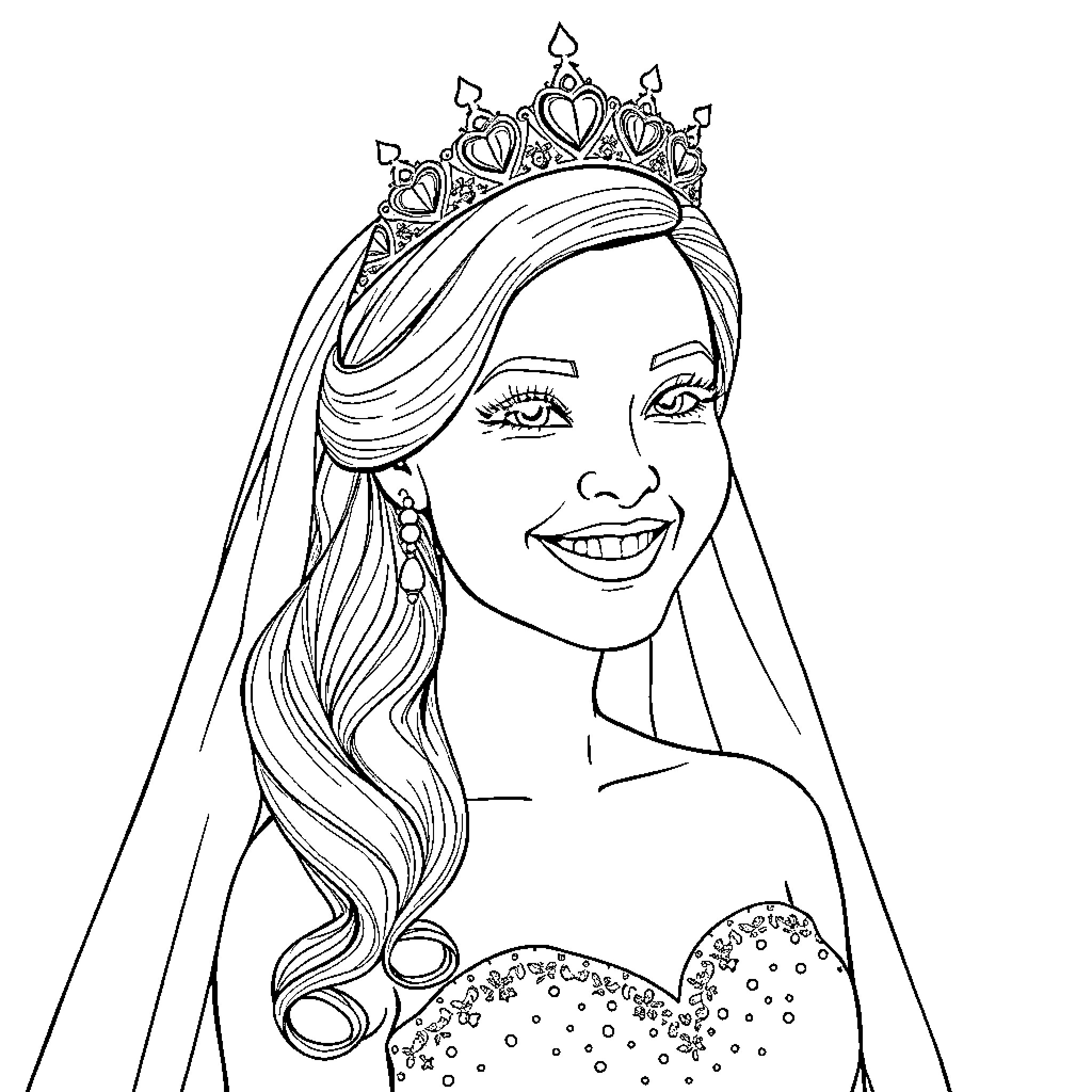 Bride in Elegant Crown and Gown Coloring Page (free black-and-white line drawing printable PDF for all, from beginners to advanced learners, including children, teens, adults, and seniors)