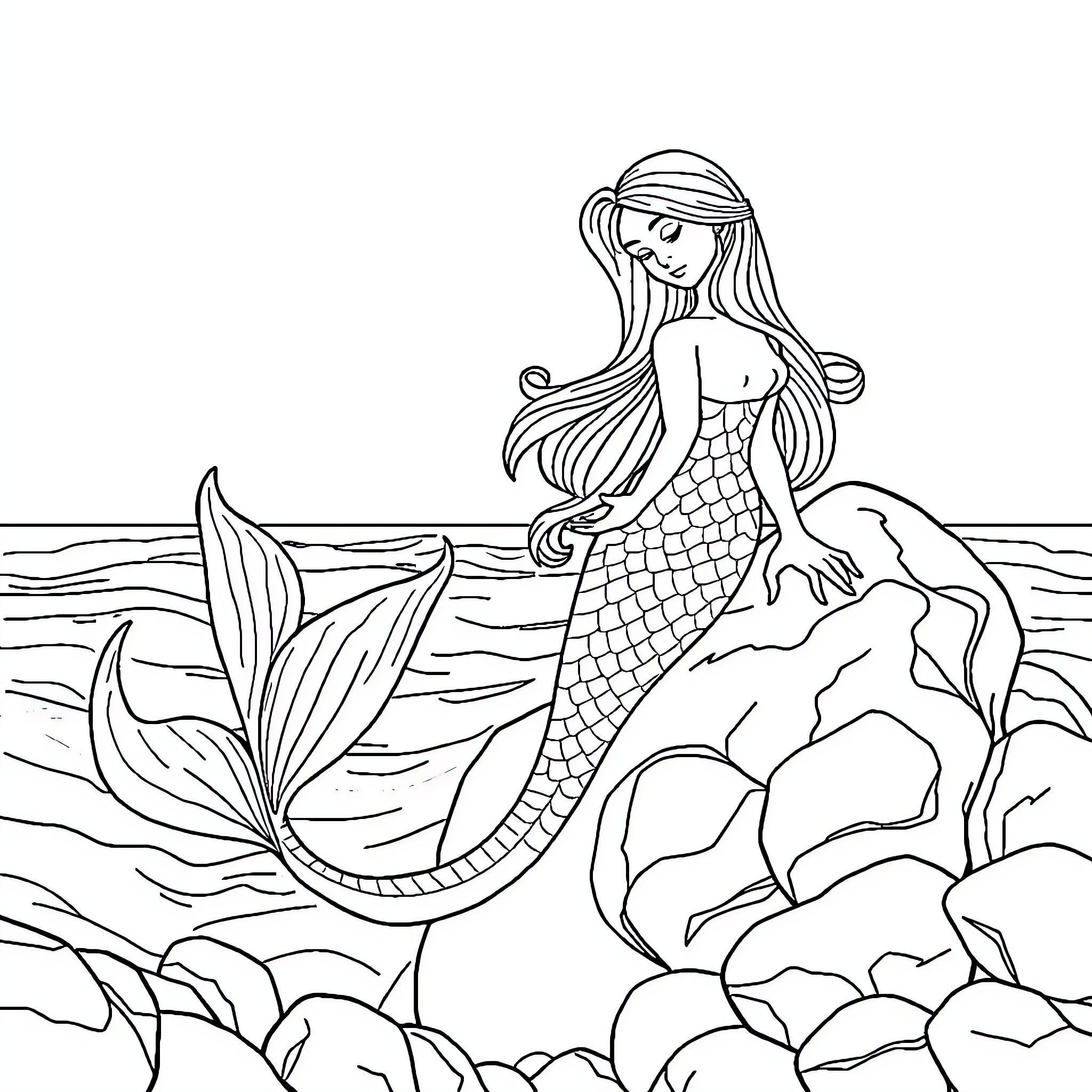 Mermaid resting peacefully on rocks in the ocean Coloring Page (free black-and-white line drawing printable PDF for all, from beginners to advanced learners, including children, teens, adults, and seniors)