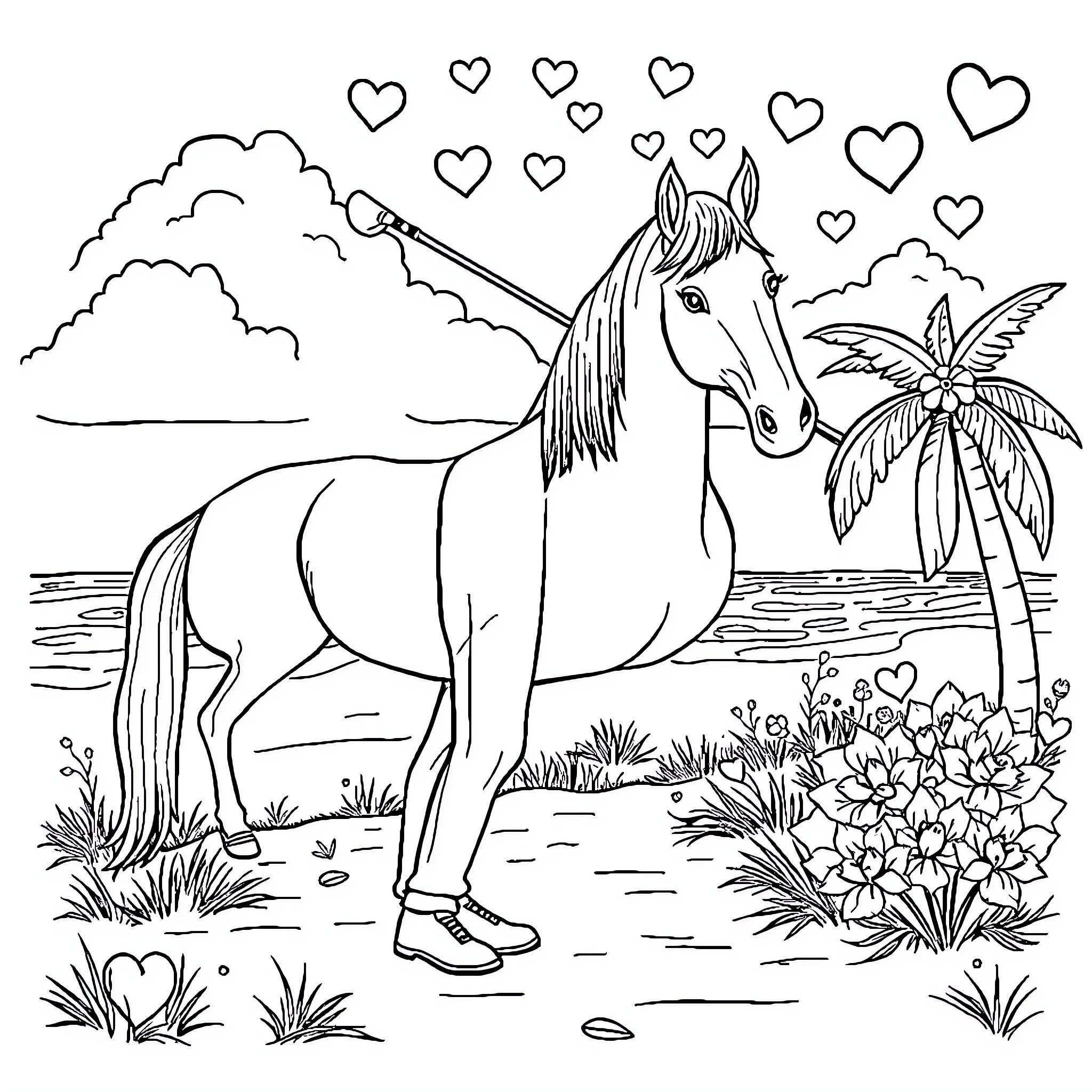 Golfer horse enjoying tropical landscape Coloring Page (free black-and-white line drawing printable PDF for all, from beginners to advanced learners, including children, teens, adults, and seniors)