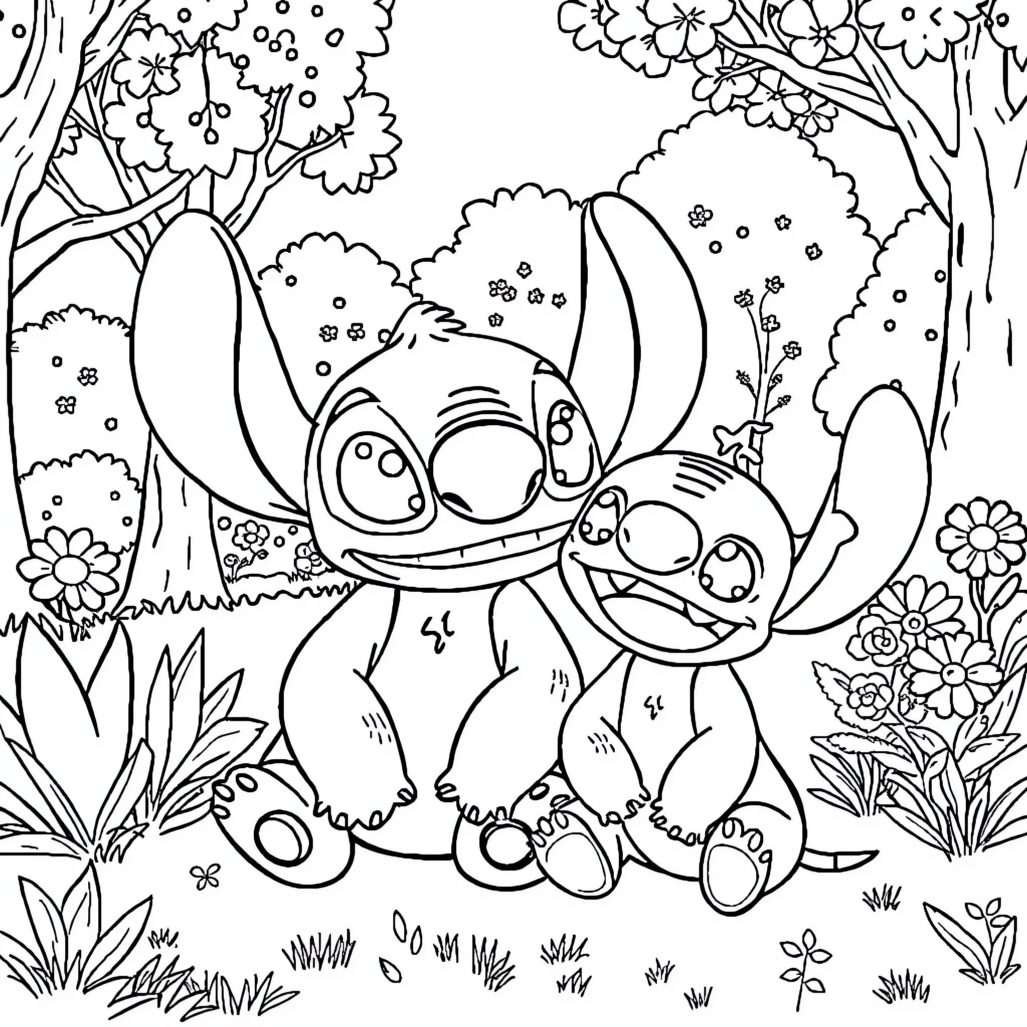 La Bau Bau: Playful Stitch Creatures in the Enchanted Forest Coloring Page (free black-and-white line drawing printable PDF for all, from beginners to advanced learners, including children, teens, adults, and seniors)
